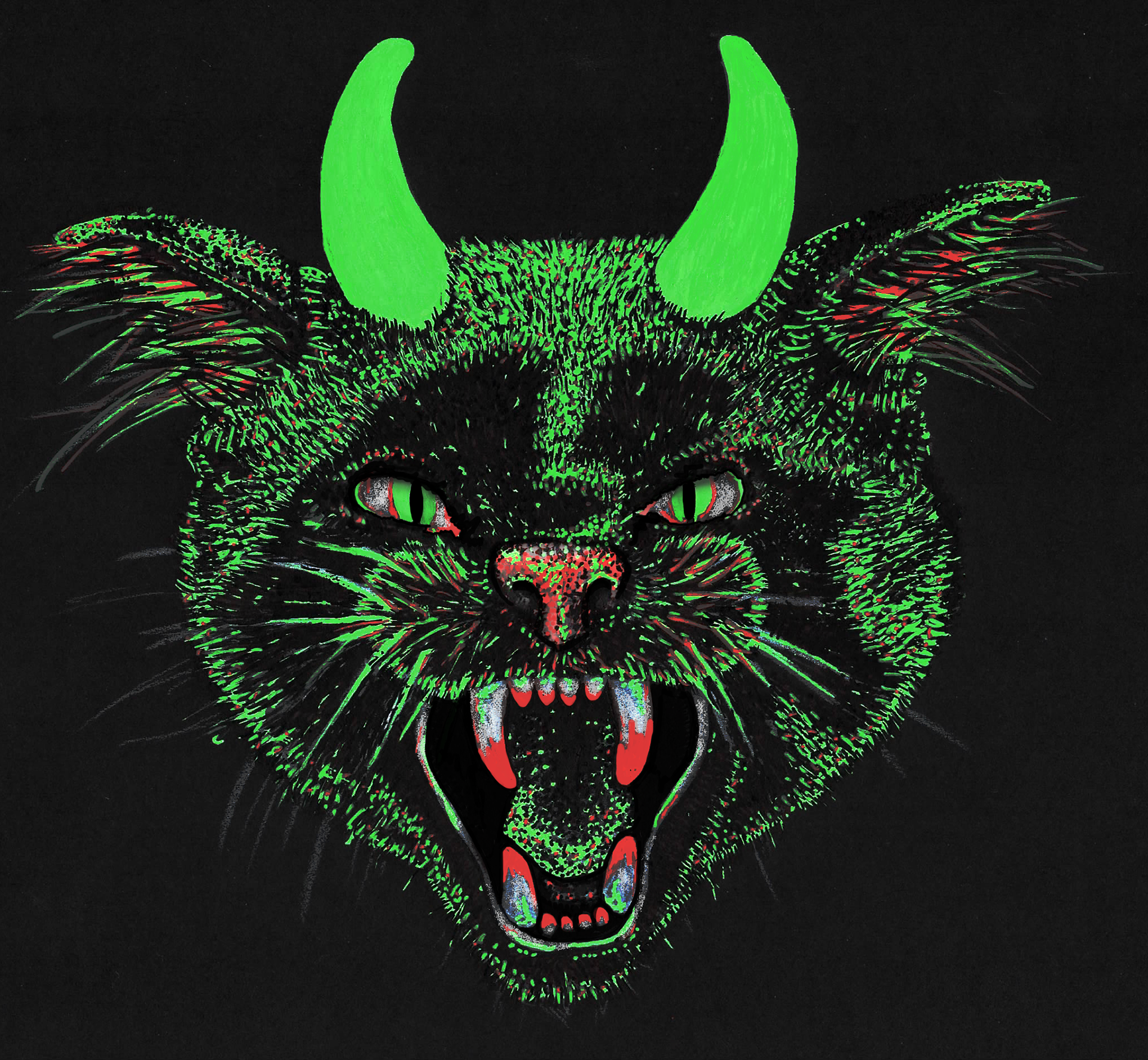 NSA devil cat design, May 2024. Created on black paper using acrylic paint marker, white charcoal, and Adobe Illustrator saturation and detail boost.