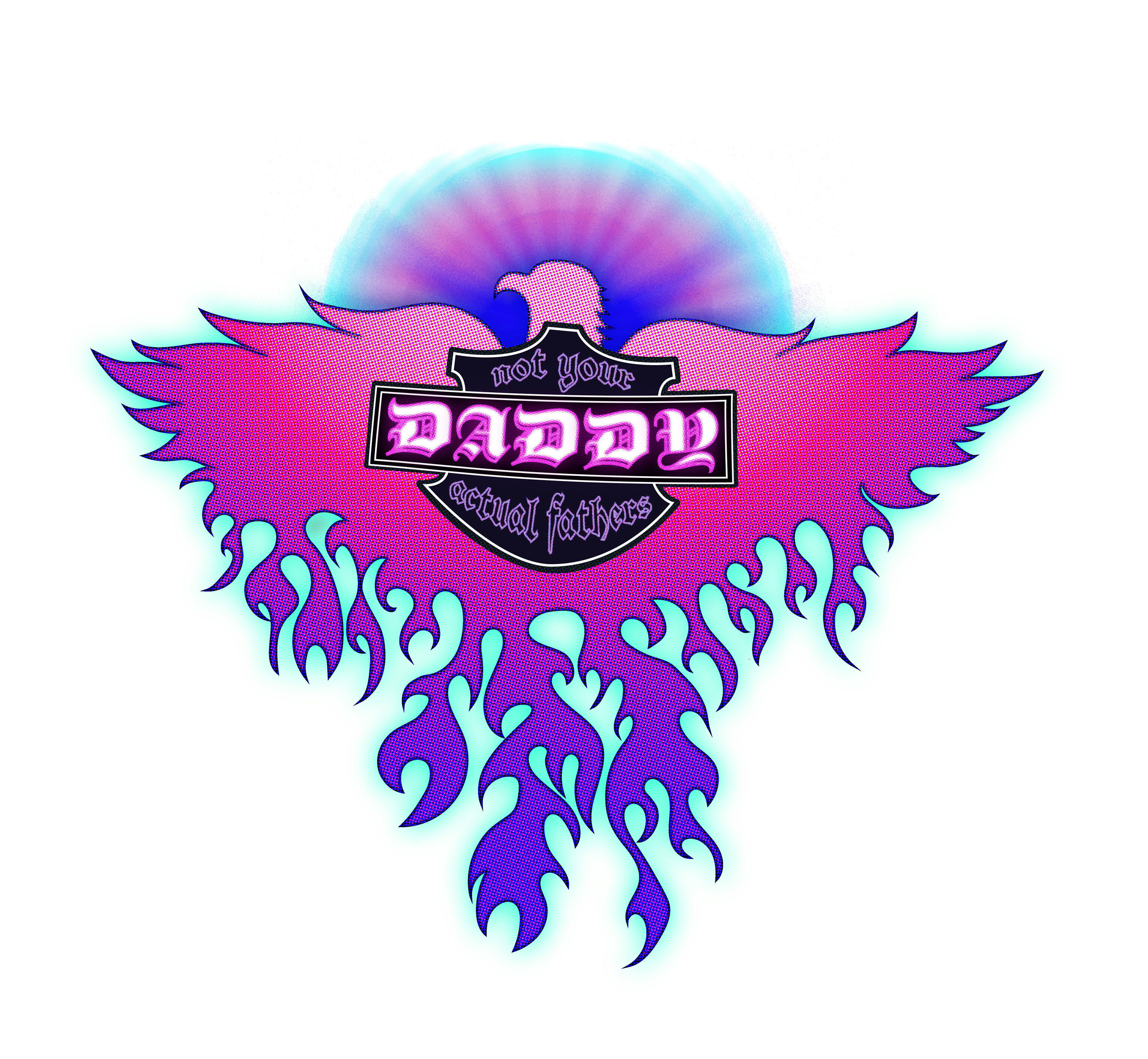 Daddy Harley Davidson style design for white tank/t-shirt, June 2024. Bisexual color way reflects the band's identity as a queer/bisexual-led band, and their mission to create space for queer musicians and music lovers in the San Diego, indie-rock scene.