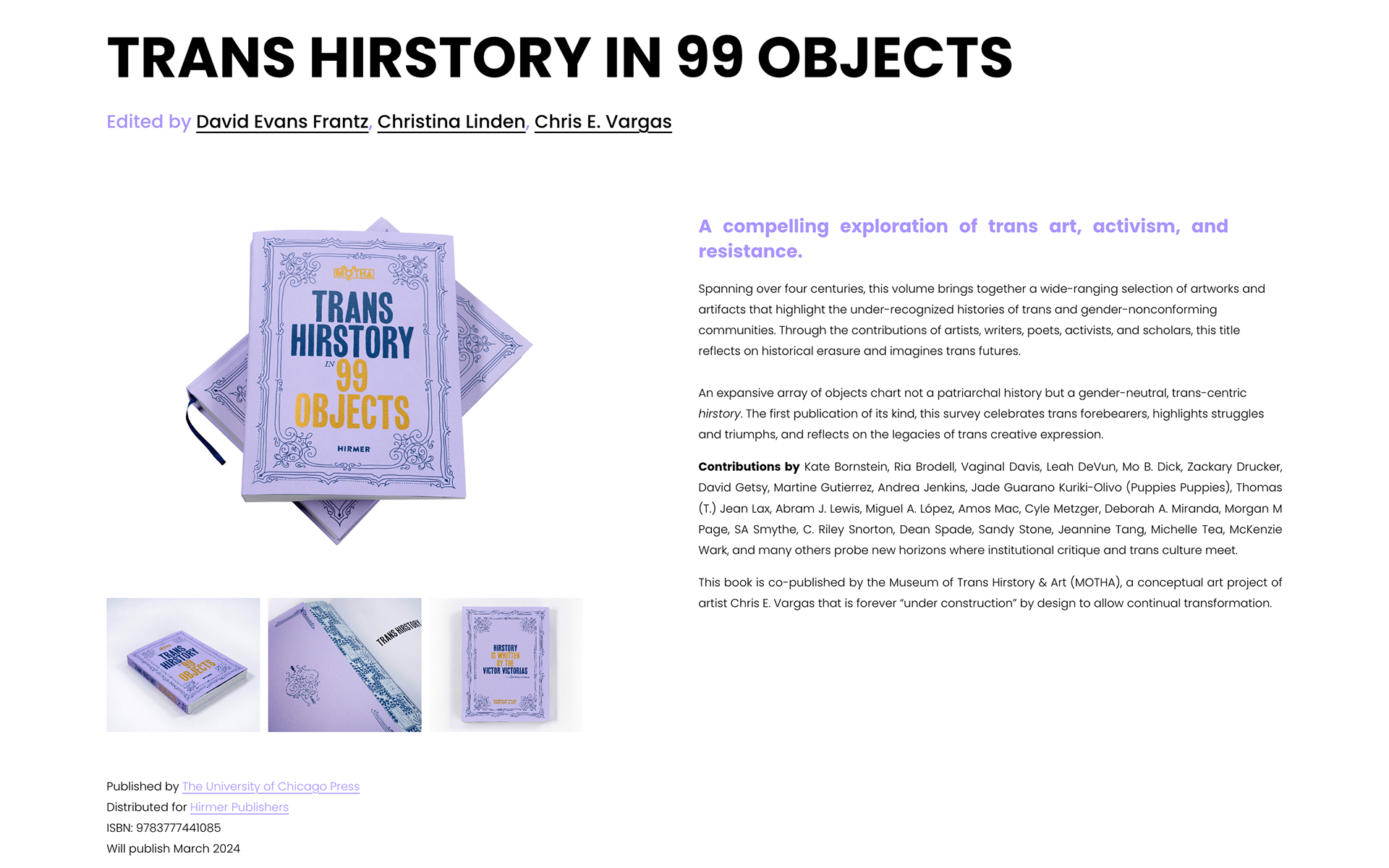 Book Page: A sample of the official web page of the Trans Hirstory in 99 Objects book.