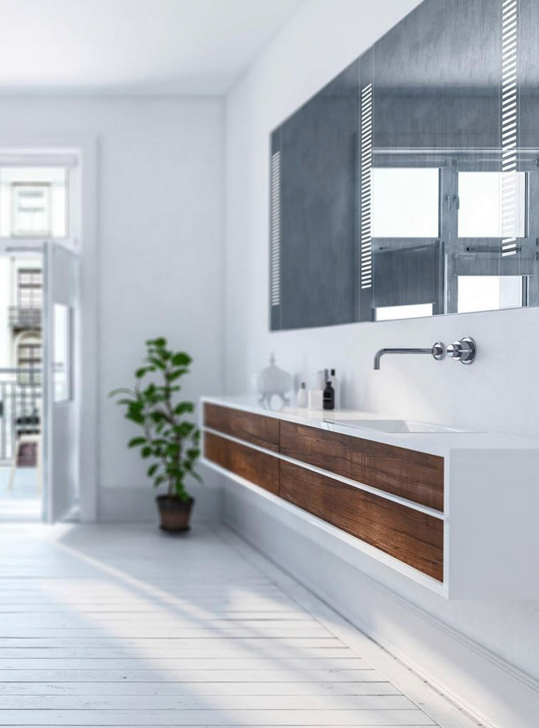 Modern stylish white urban bathroom interior with wooden floor, large mirror and wall mounted mirror