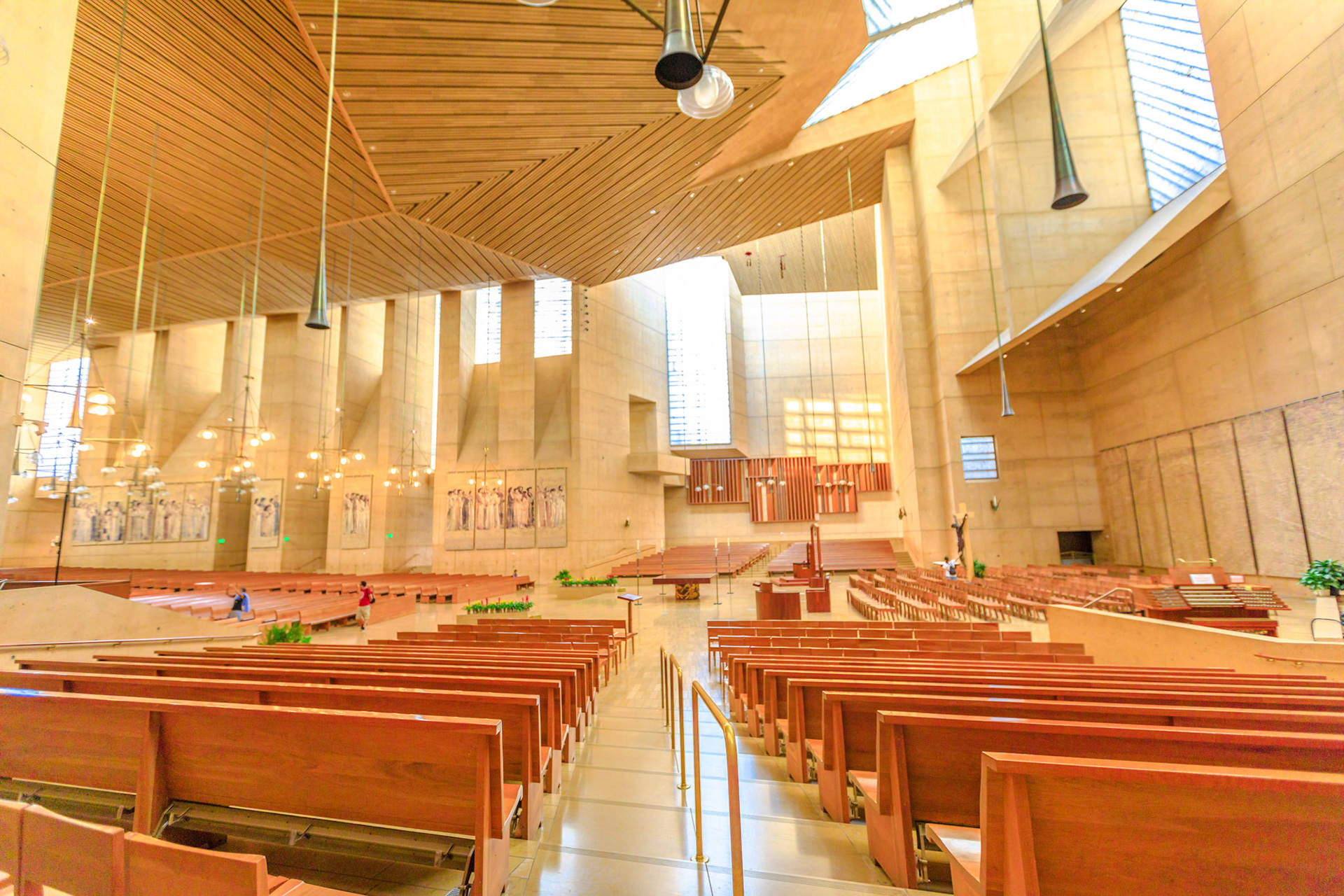 Los Angeles, California, United States - August 9, 2018: Interior side nave of Cathedral of Our Lady of the Angels on Temple Street, LA of Downtown, also known as COLA. Postmodern style.
