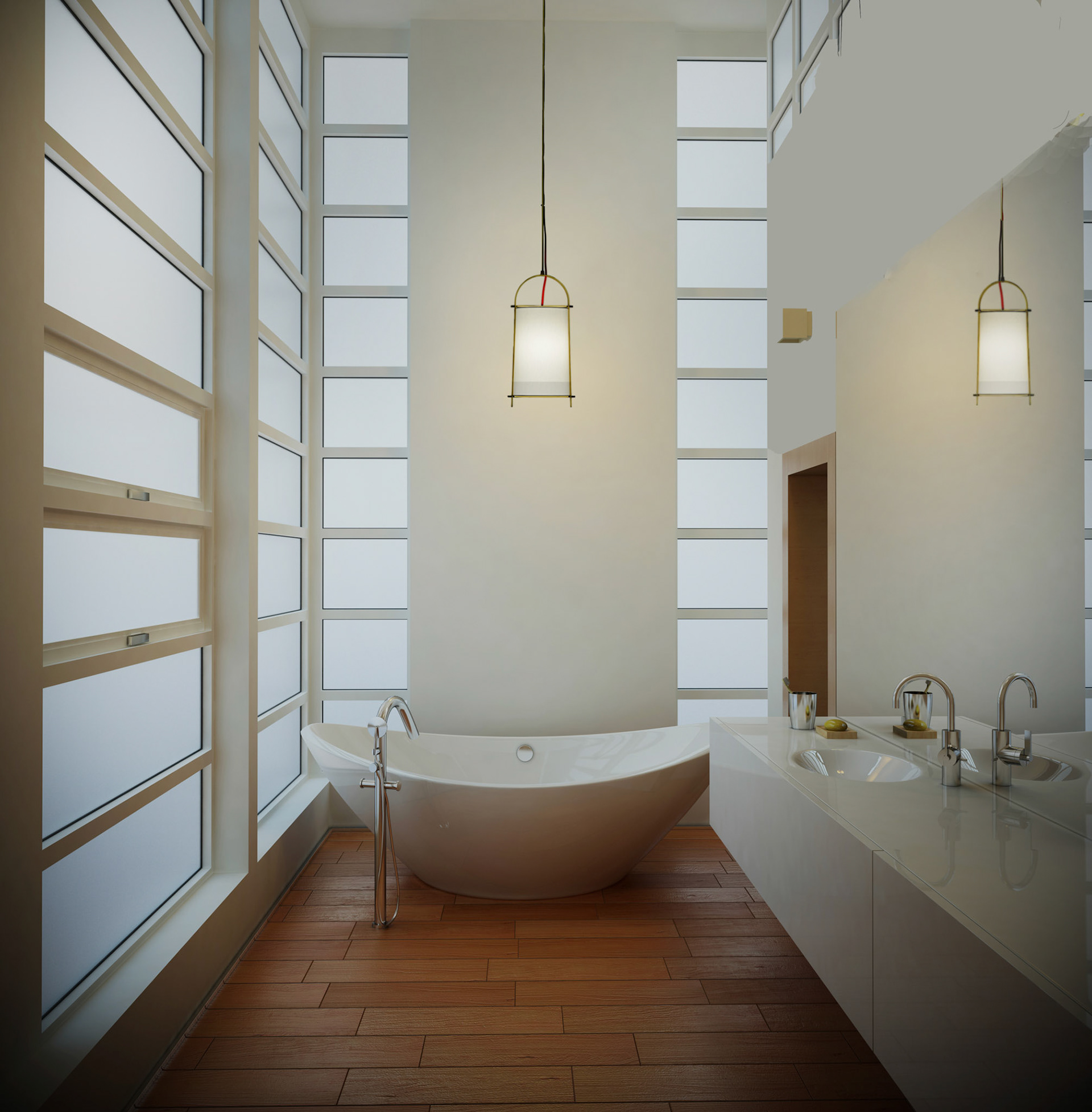 A 3D rendering of light bathroom interior