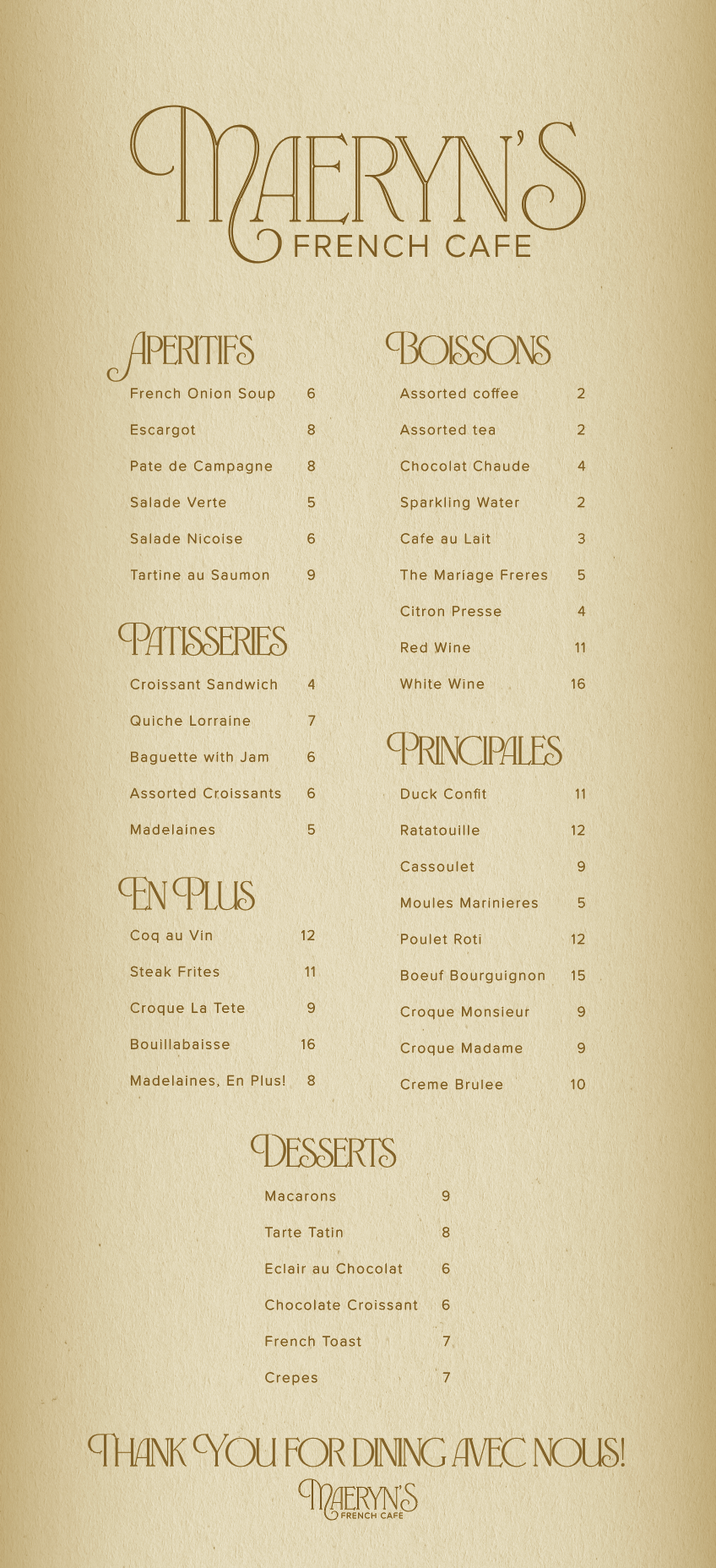 Restaurant Menu - A Dance In The Snow, 2024