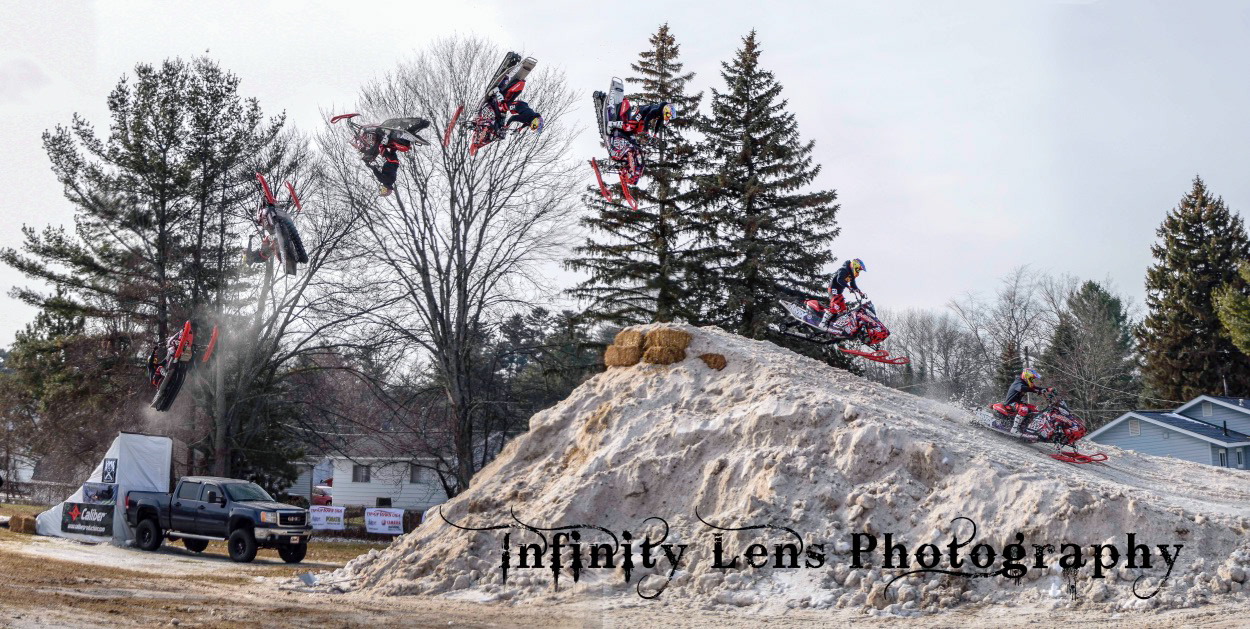 A composite of several shots put together in photoshop to show a complete 360 flip performed at the snow cross