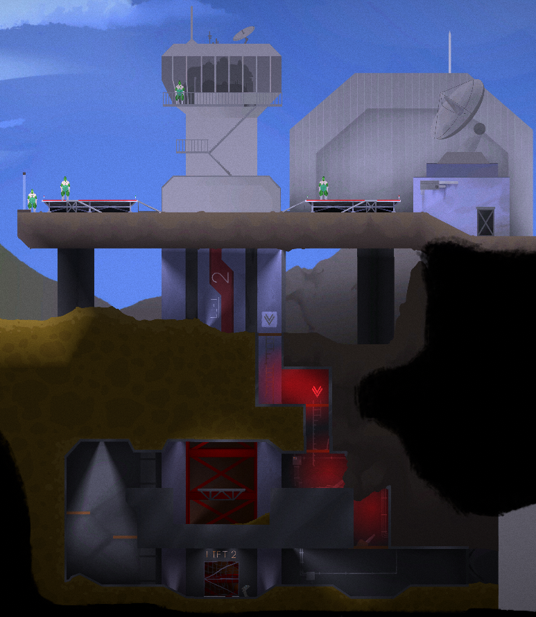 The finished version of the opening area. I did the environment art in the tunnels, the cargo lift, landing pads, and the building with the satellite dish.
