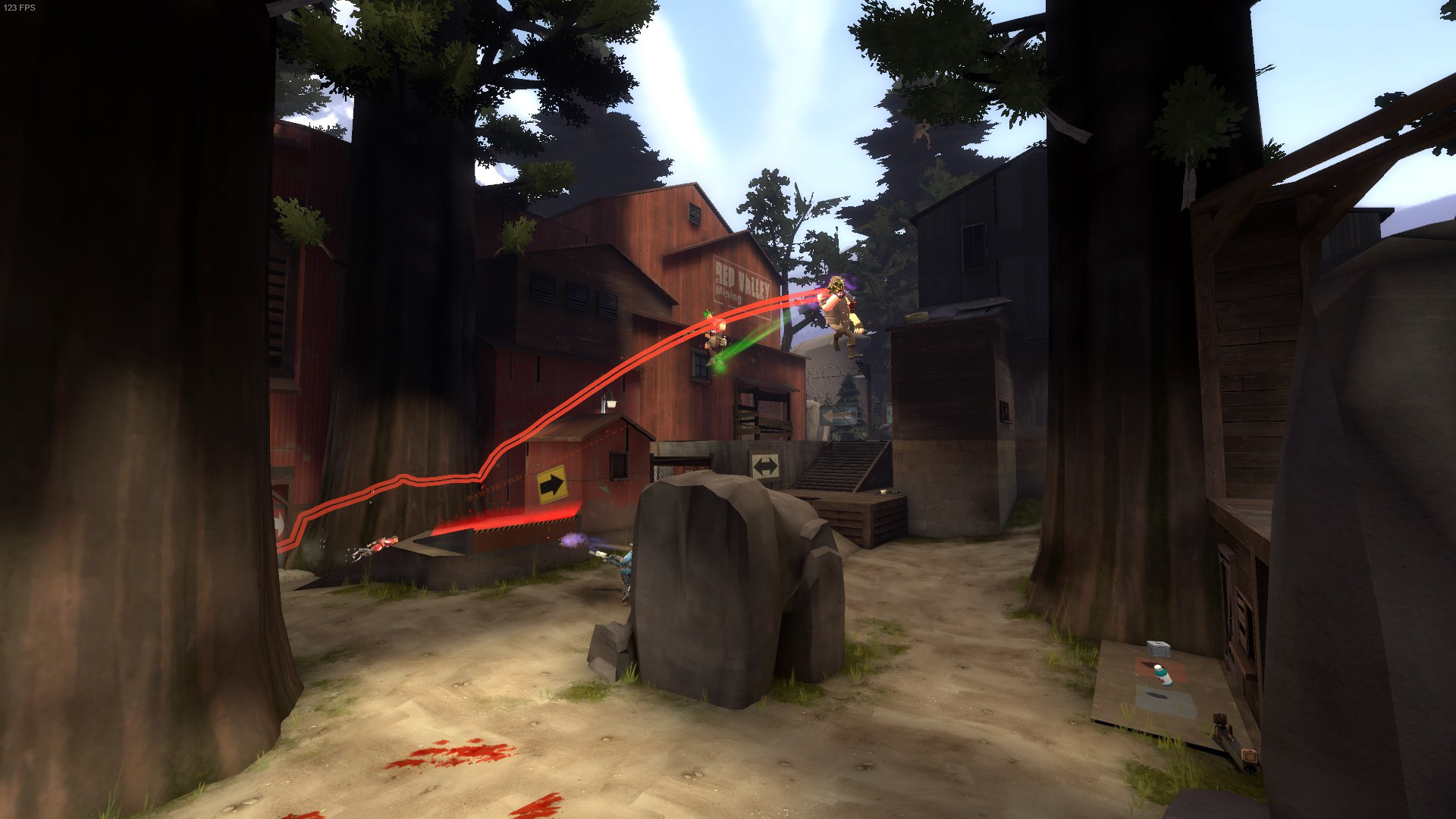 Players using the jump pads to cross the center of the of map