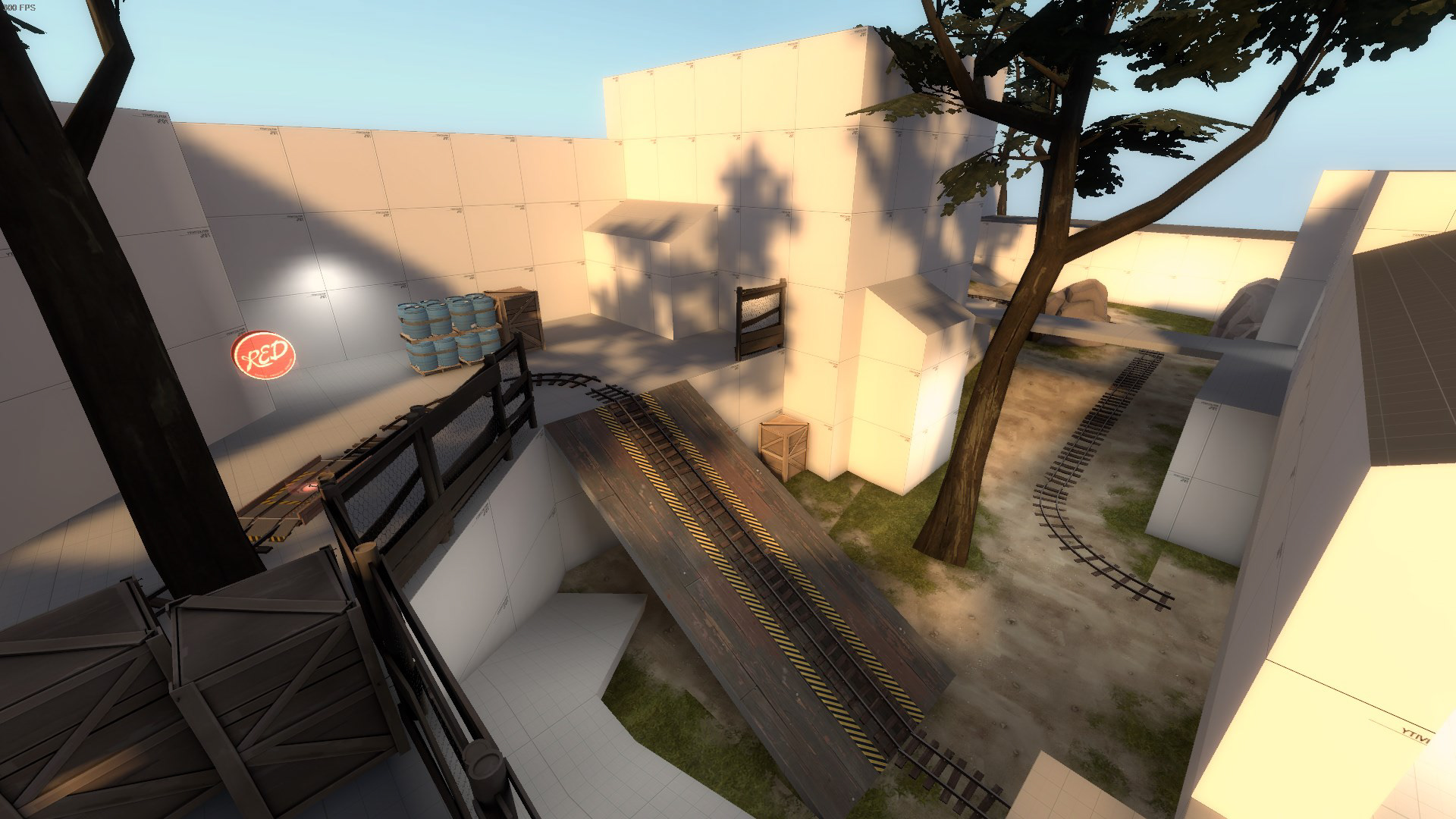 A winding payload map that wraps around itself created for MC20, which challenged participants to build a level without moving prebuilt spawn rooms that were extremely close to eachother