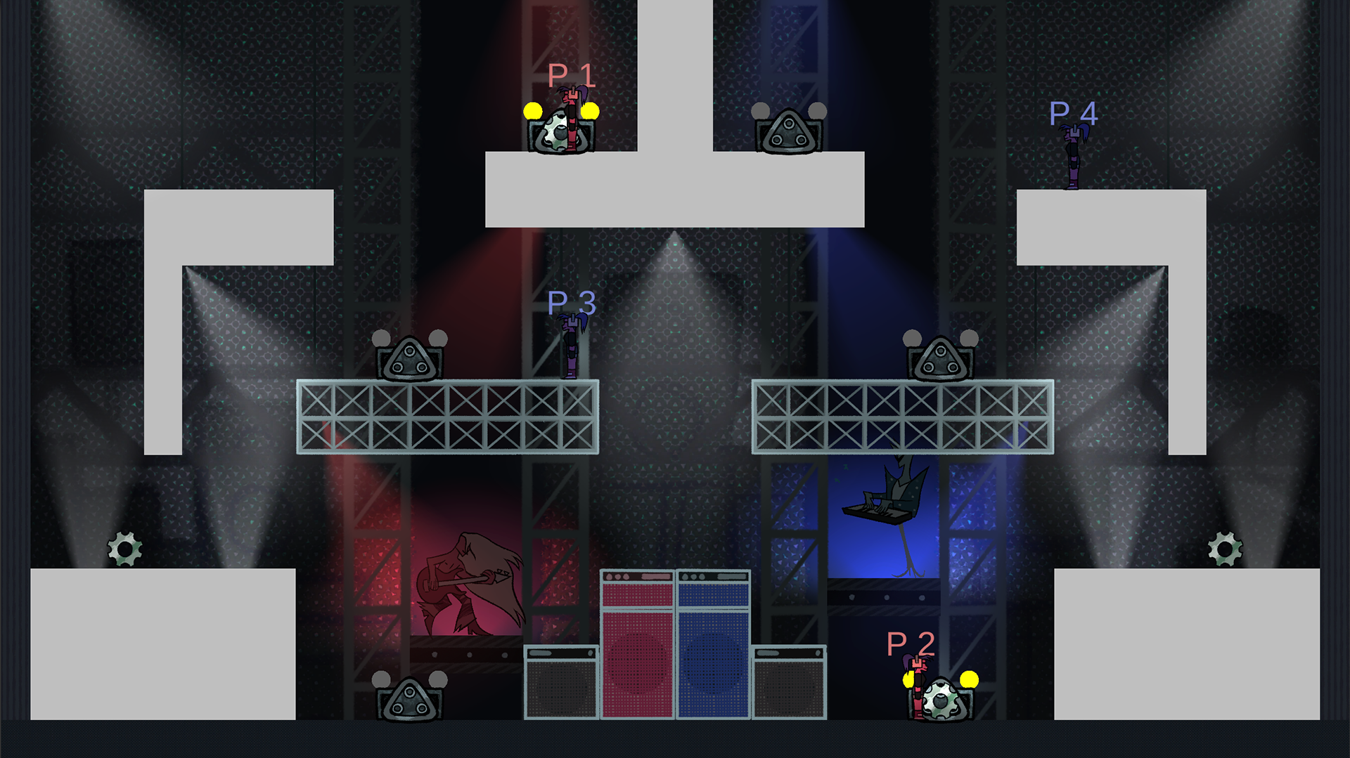 Level 4, an exploration of using high-up enclosures. This stage orginally featured both center machines directly next to each other, but the back-and-forth between teams was not well-recived by playtesters.