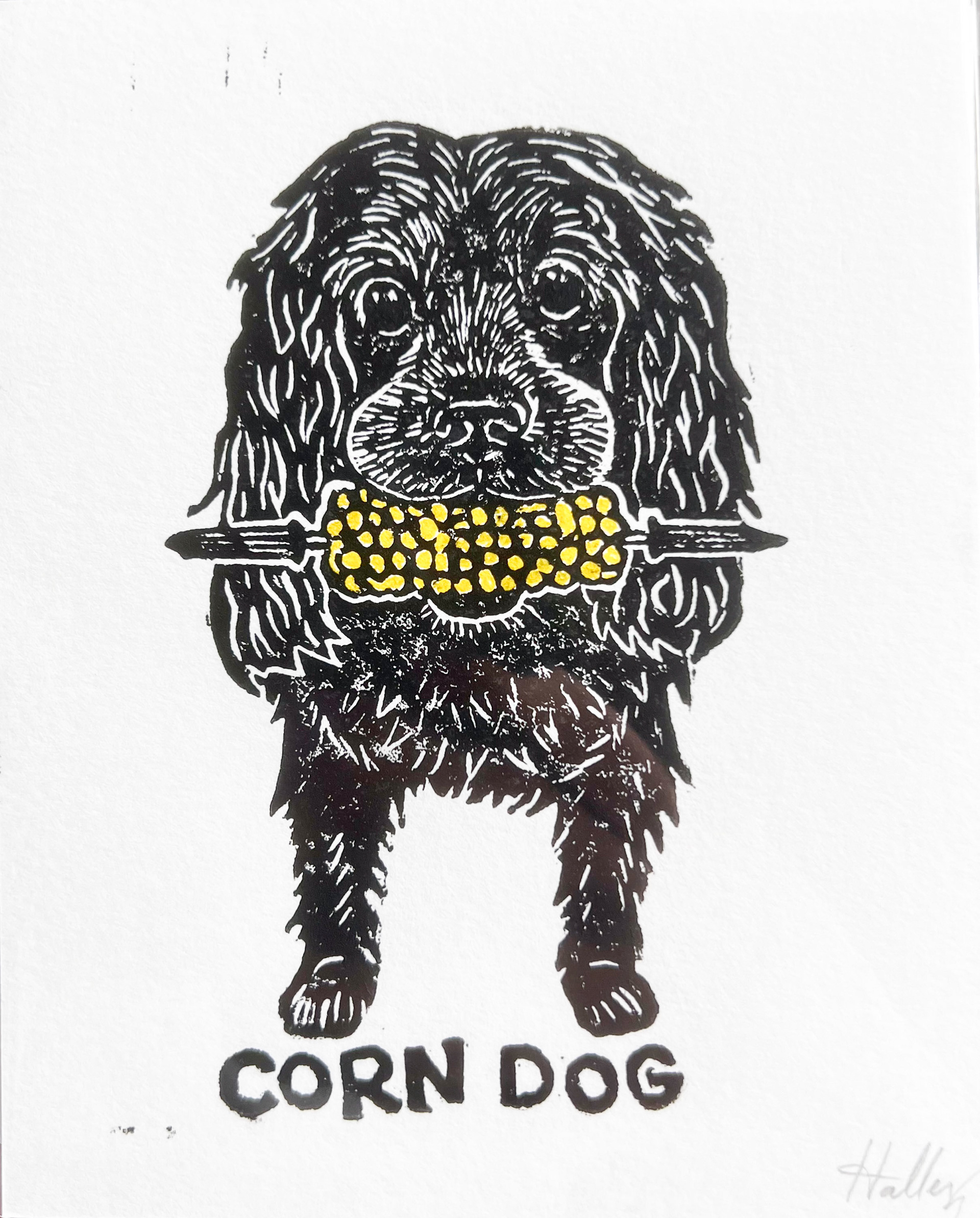 Corn Dog, 4x5 in. Linocut, 2023