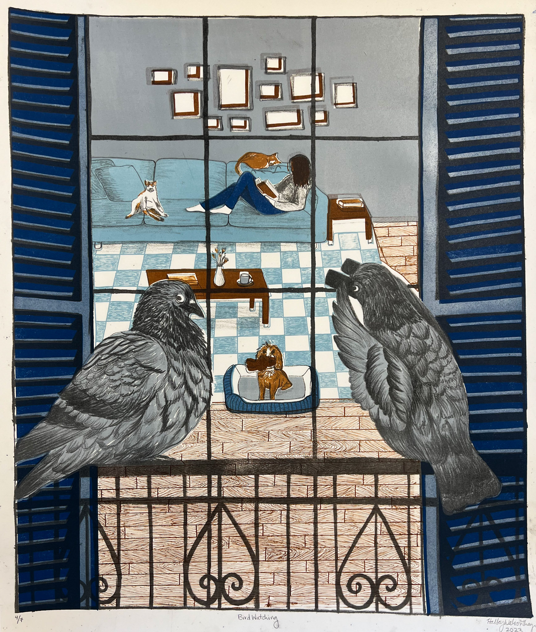 Bird Watching, 18x22 in. 2023, multilayer pronto and aluminum plate lithograph