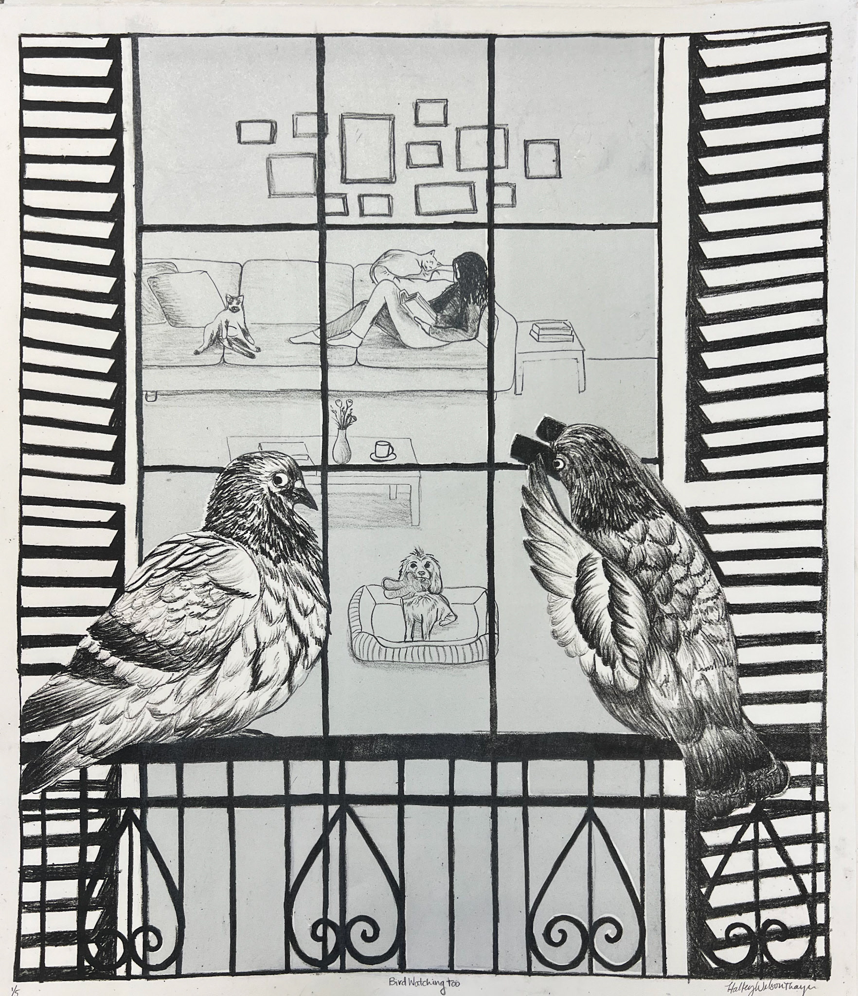 Bird Watching Too, 18x22 in., 2023, pronto plate and aluminum plate lithograph
