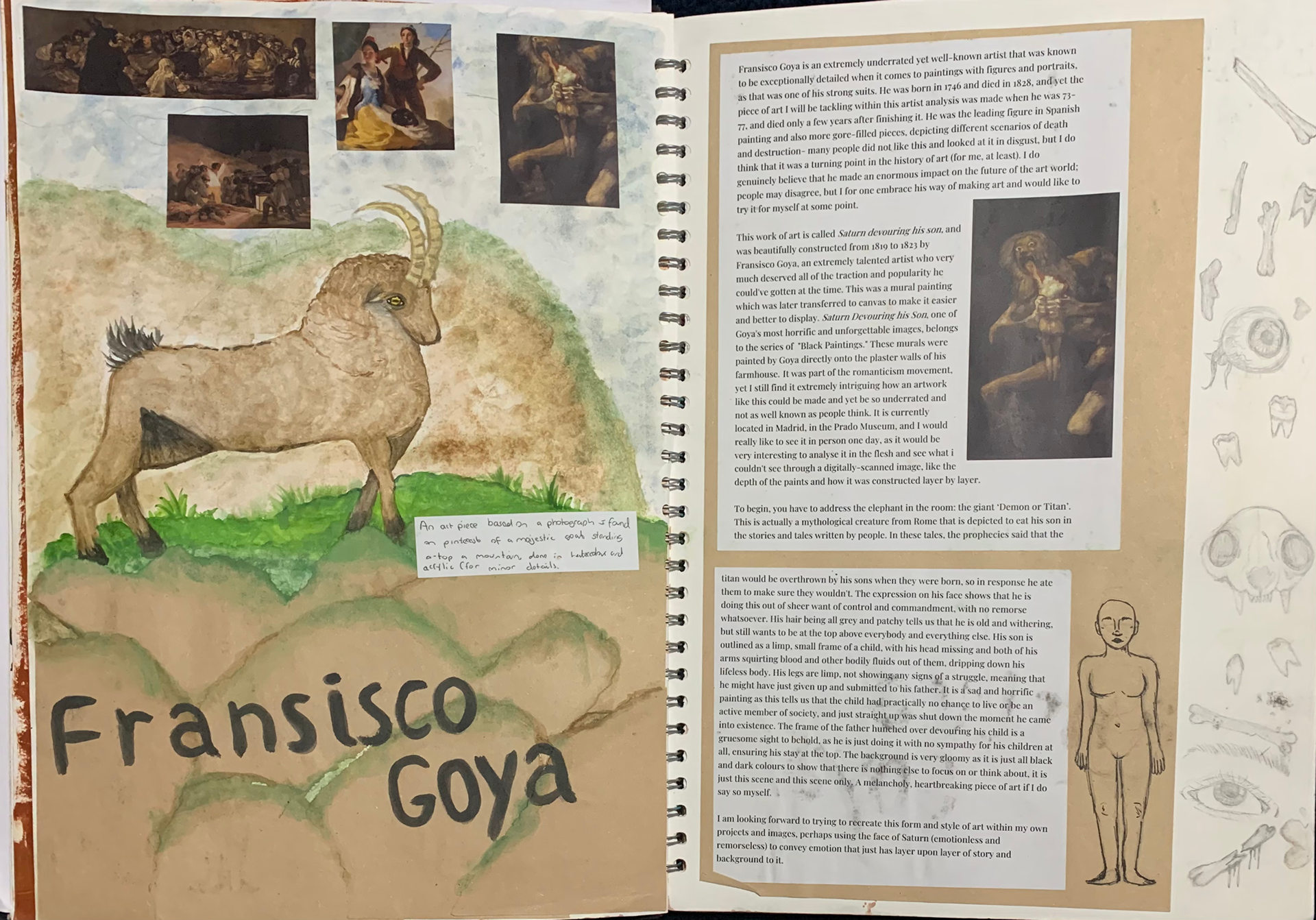 Pages on Francisco Goya and a mixed media study