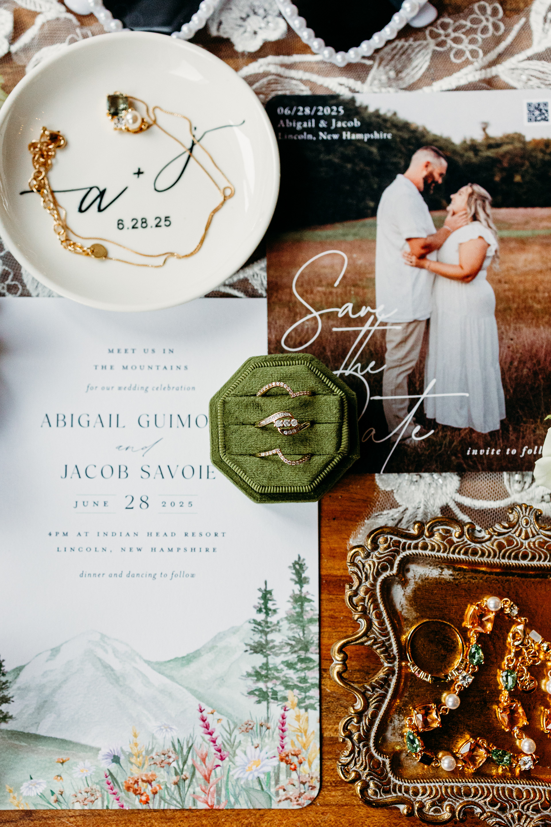 Minimalist bridal accessories on linen — timeless detail shots for a New England mountain wedding.