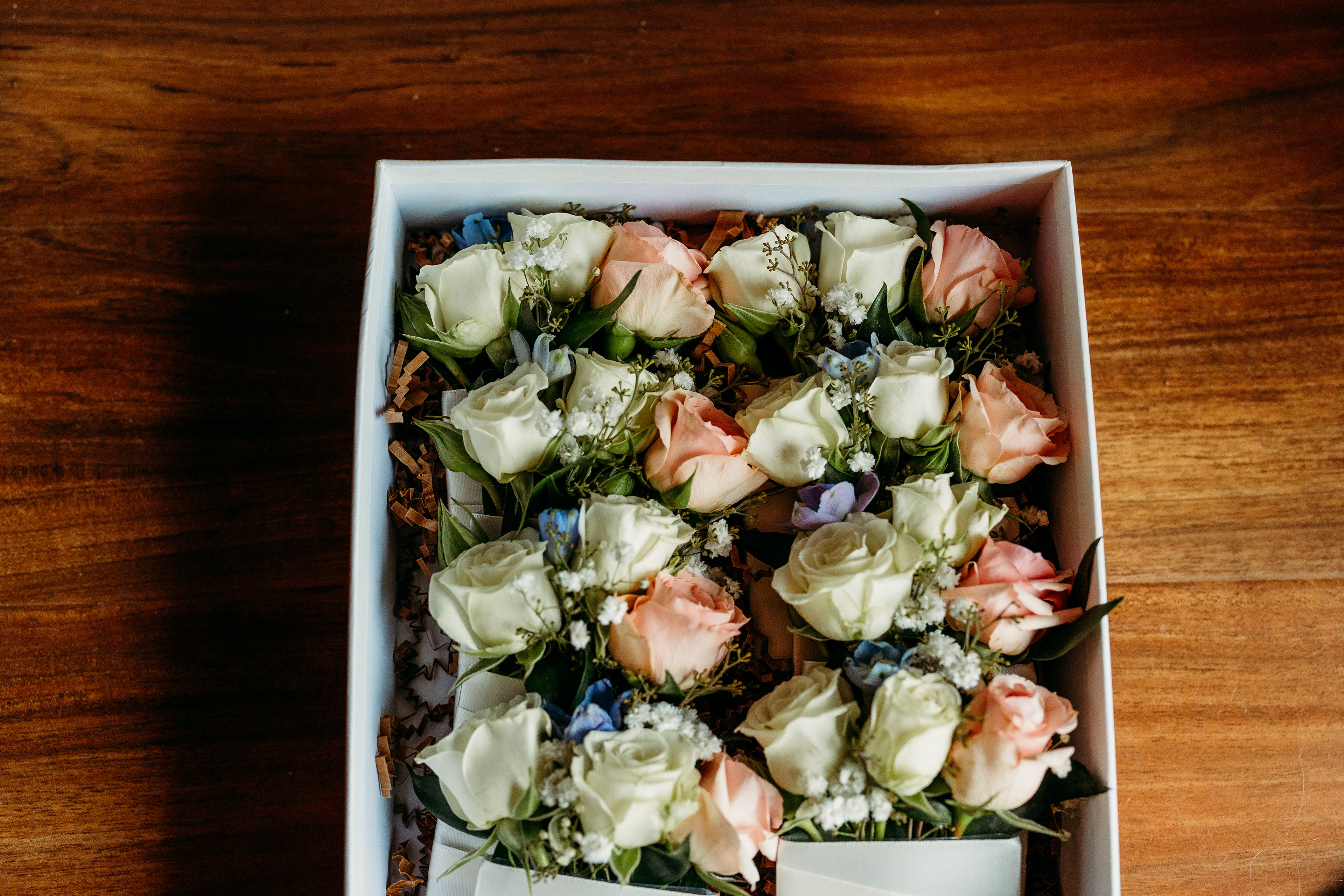 New Hampshire wedding morning — flowers catching the first light.