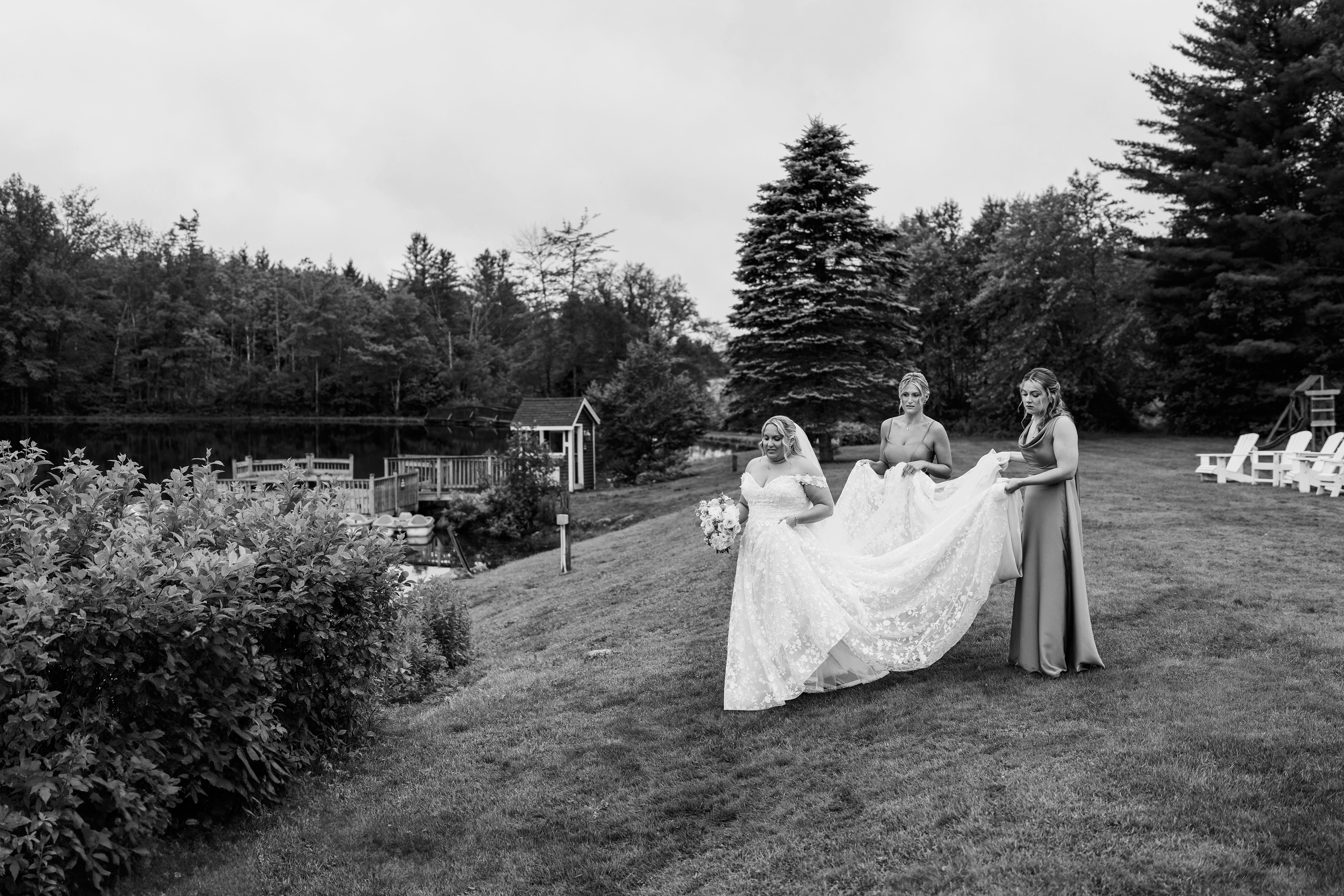 First look by the river at Indian Head Resort — soft fog, quiet hearts, and the White Mountains standing witness.