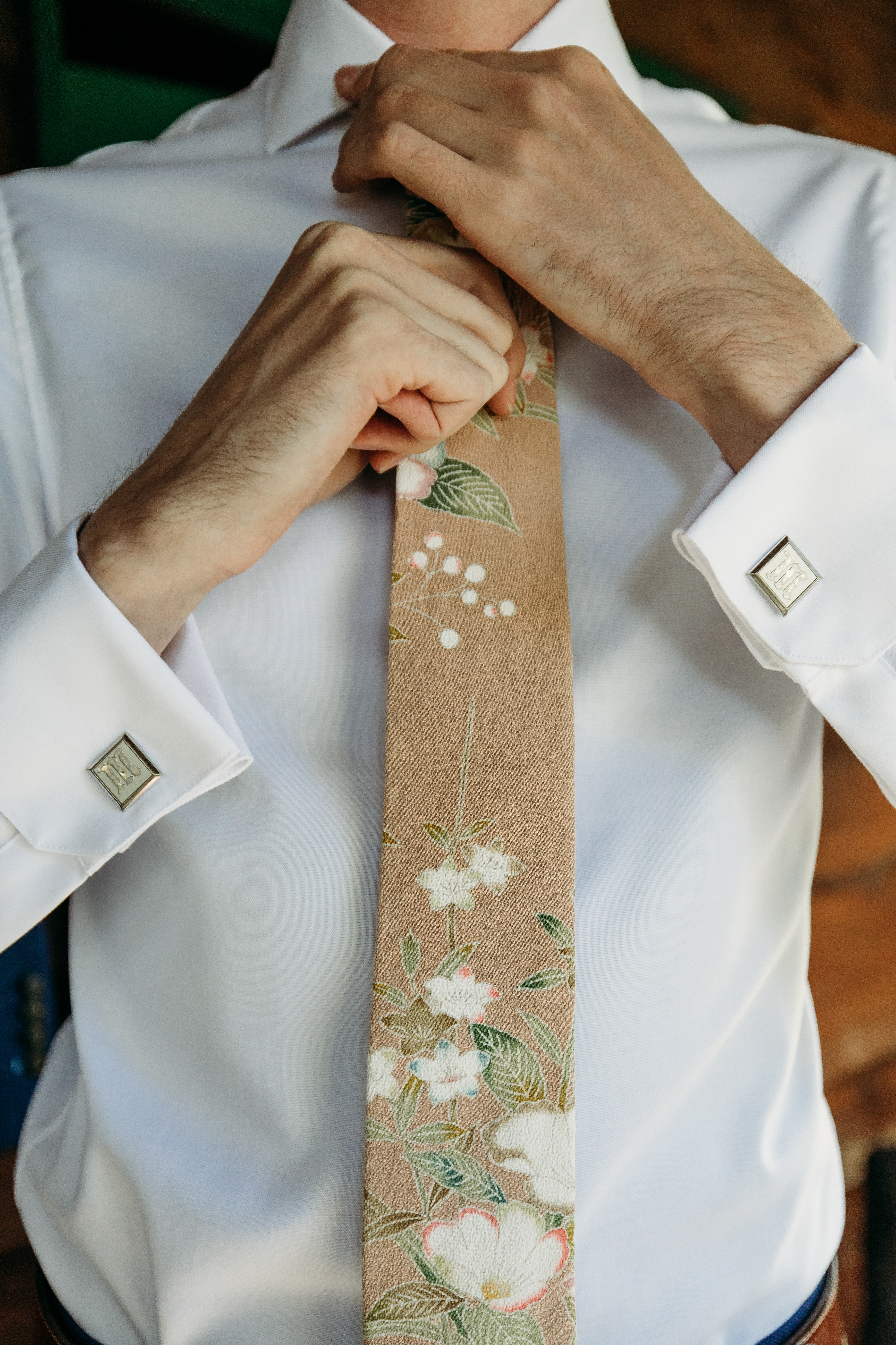 Custom ties made from an authentic Japanese kimono, shipped all the way from Japan — a personal detail that made this New England wedding truly one-of-a-kind.