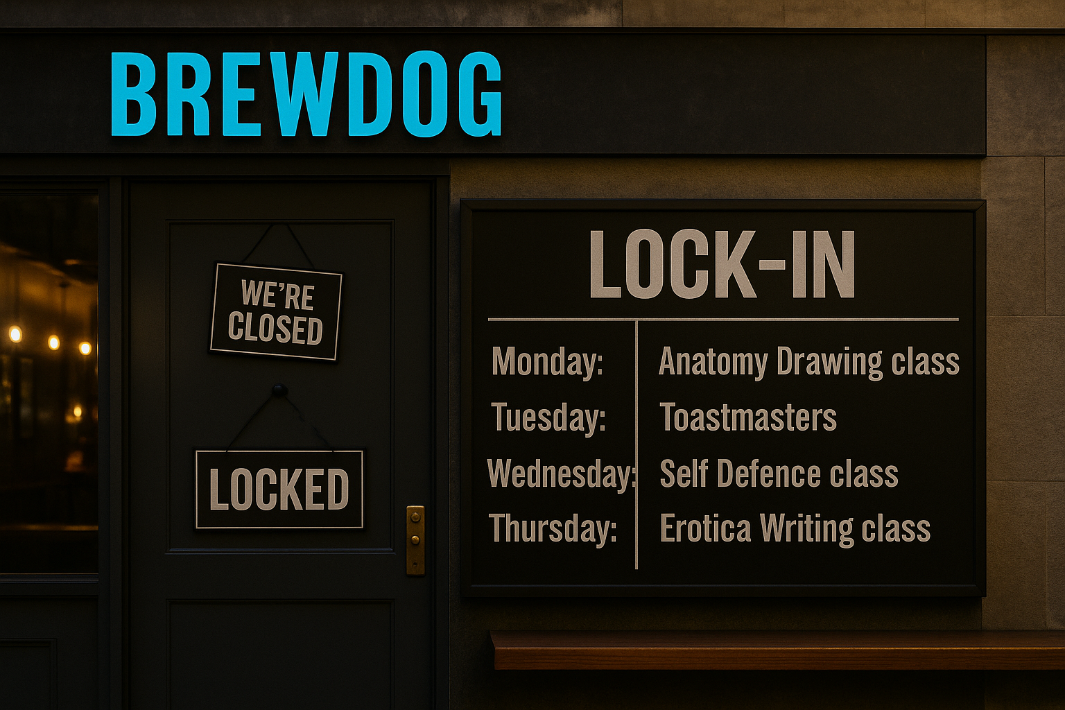 BrewDog Lock-Ins: swap drunken pub behaviour for better ones. Life drawing, not toilet dick doodles. Toastmasters, not rambling pub stories. Creative writing, not vulgar cubicle confessions.