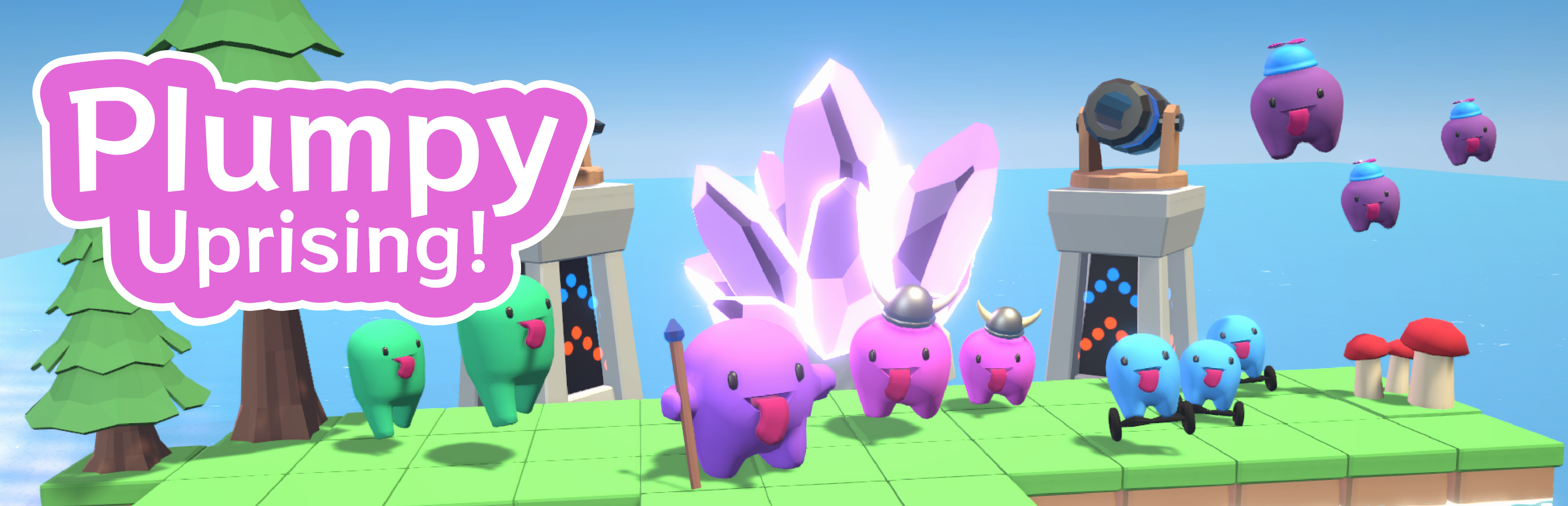 Video game image of creatures together in light colorful scene