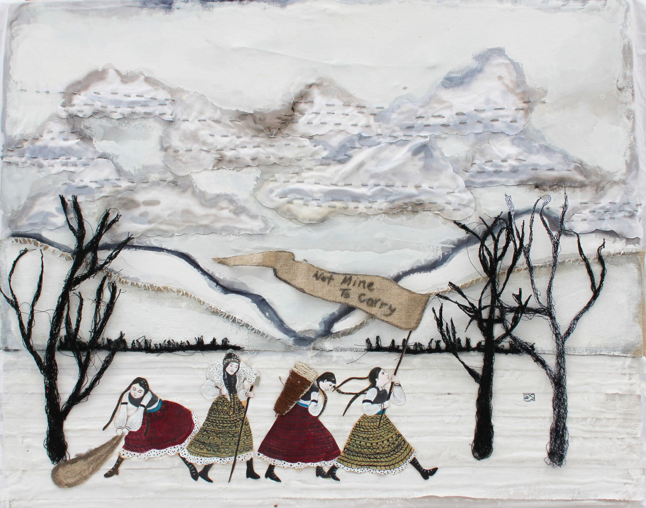 🔴Not Mine to Carry, 2019. 16x20. Fabric, embroidery, paper and gouache on birch panel.  