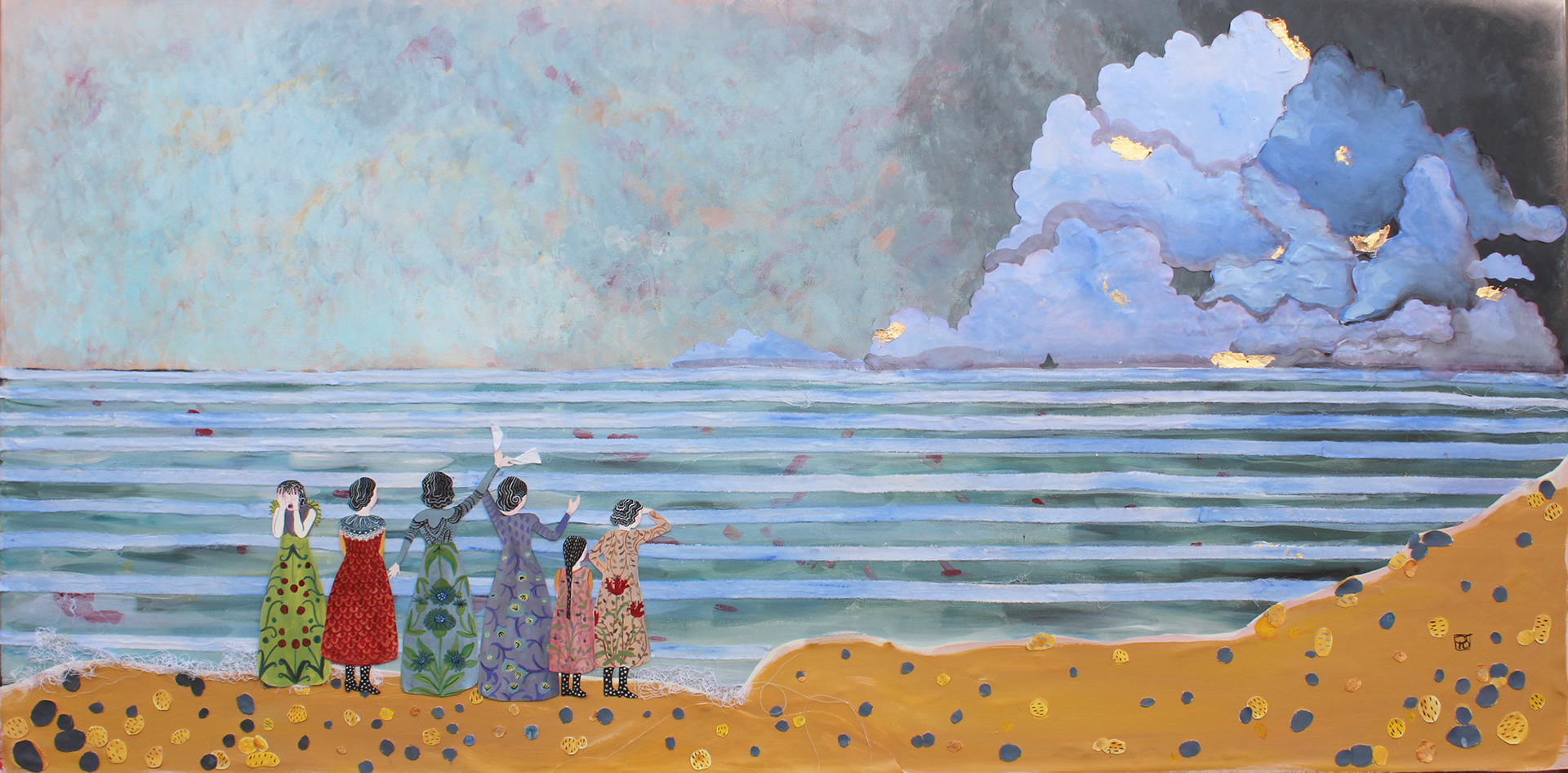 🔴Watching storms start to form 30x60. (2020) Fabric, embroidery, paper, gold leaf, acrylic and acrylic gouache on canvas. 