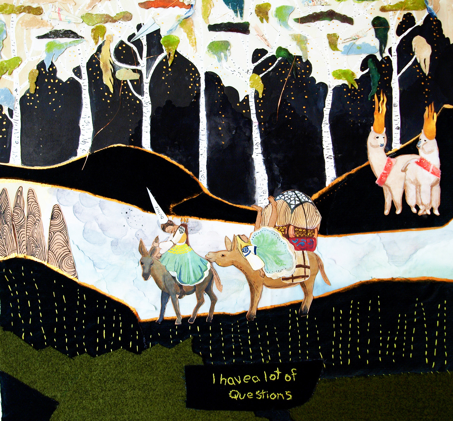 🔴I have a lot of questions, 2011. 25x25. gold thread, fabric, paper and gouache on birch panel. 