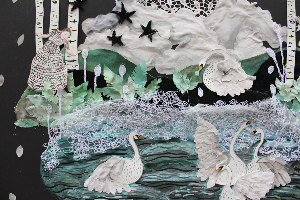 🔴If youre quiet youll see them (detail) 2019. 25x30. Fabric, paper, gouache and embroidery on birch panel. 