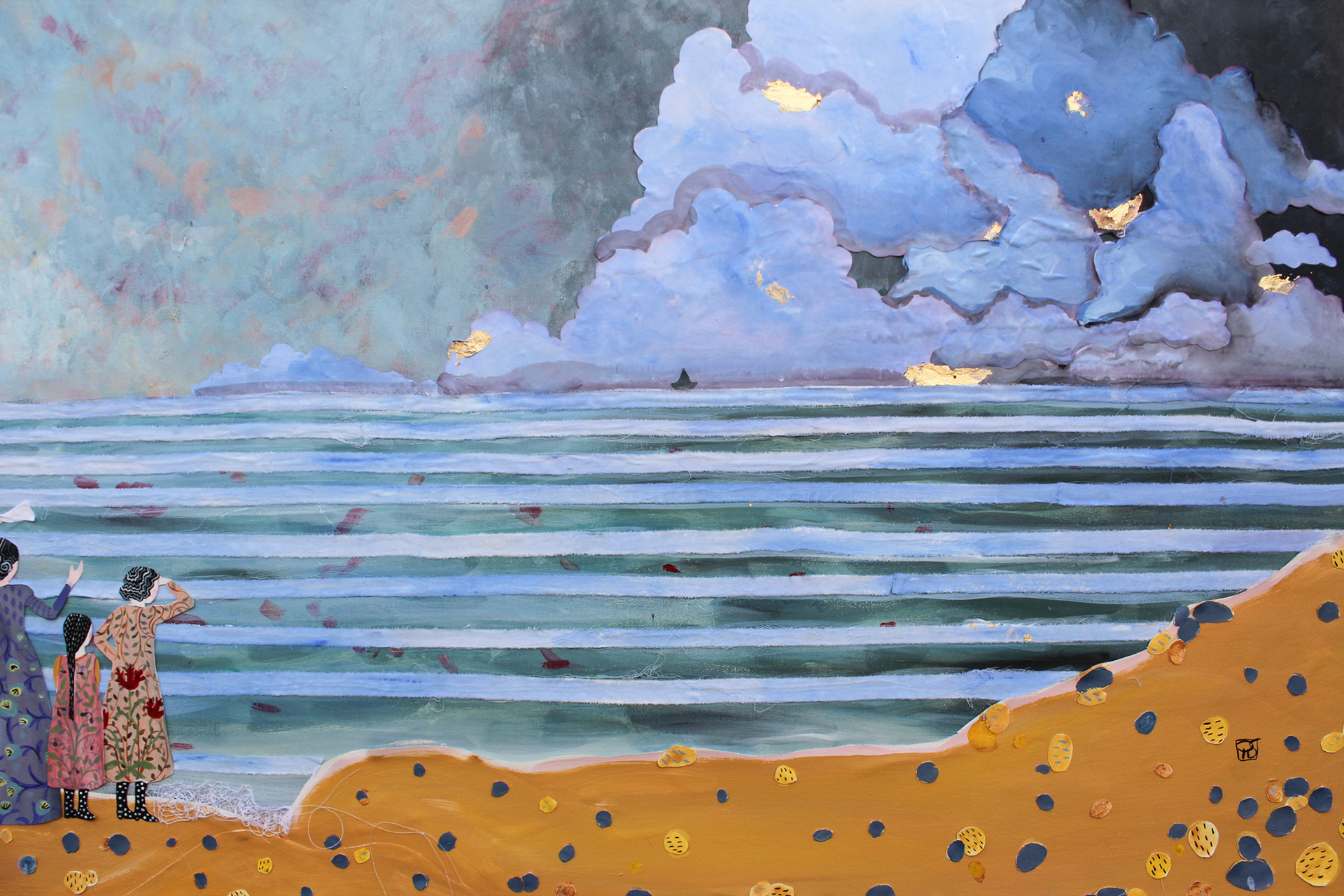 🔴Watching storms start to form 30x60. (2020) Fabric, embroidery, paper, gold leaf, acrylic and acrylic gouache on canvas. 