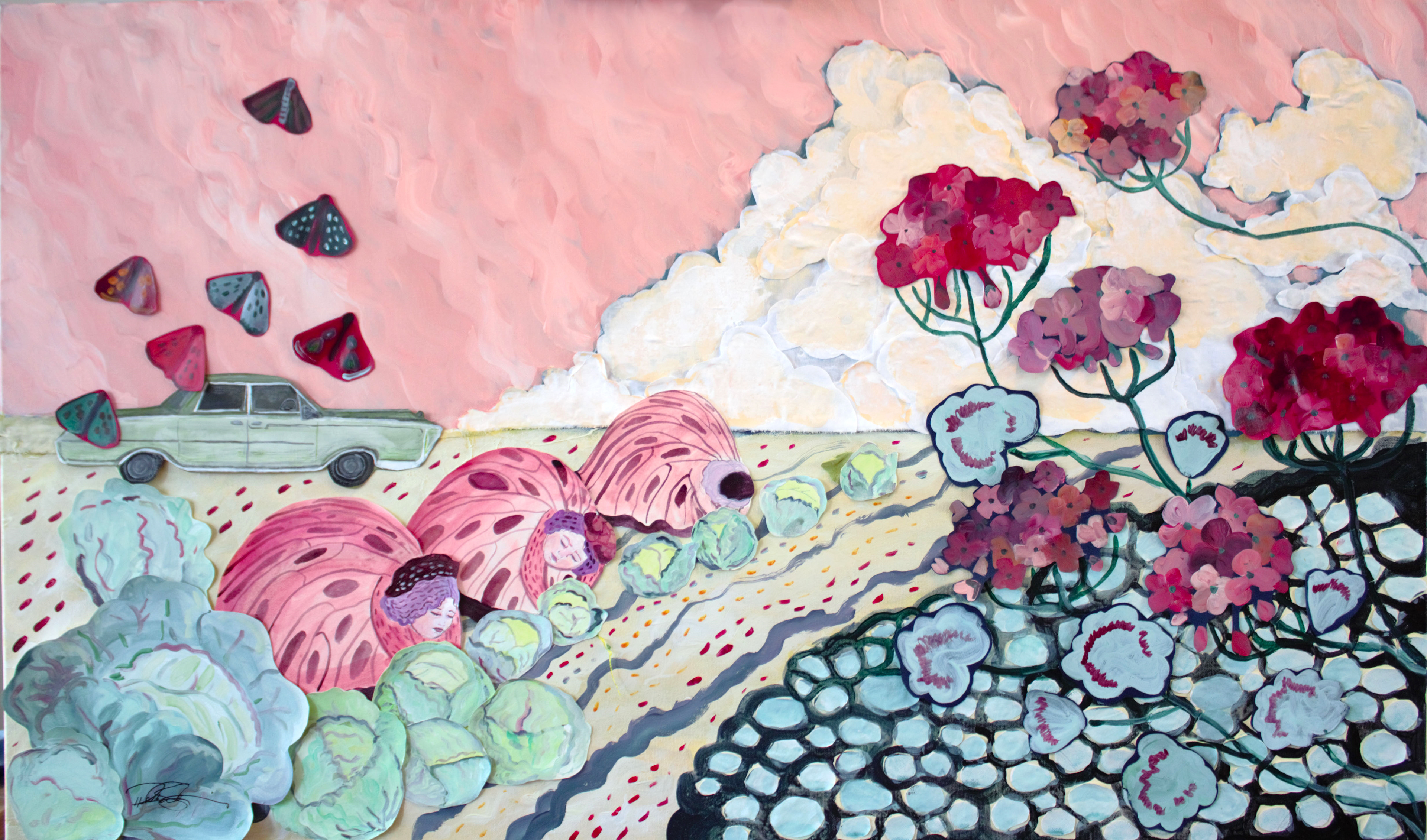 🔴We Can Go When We're Done. 24x40 . Fabric, paper, acrylic and gouache on canvas.  Framed behind glass