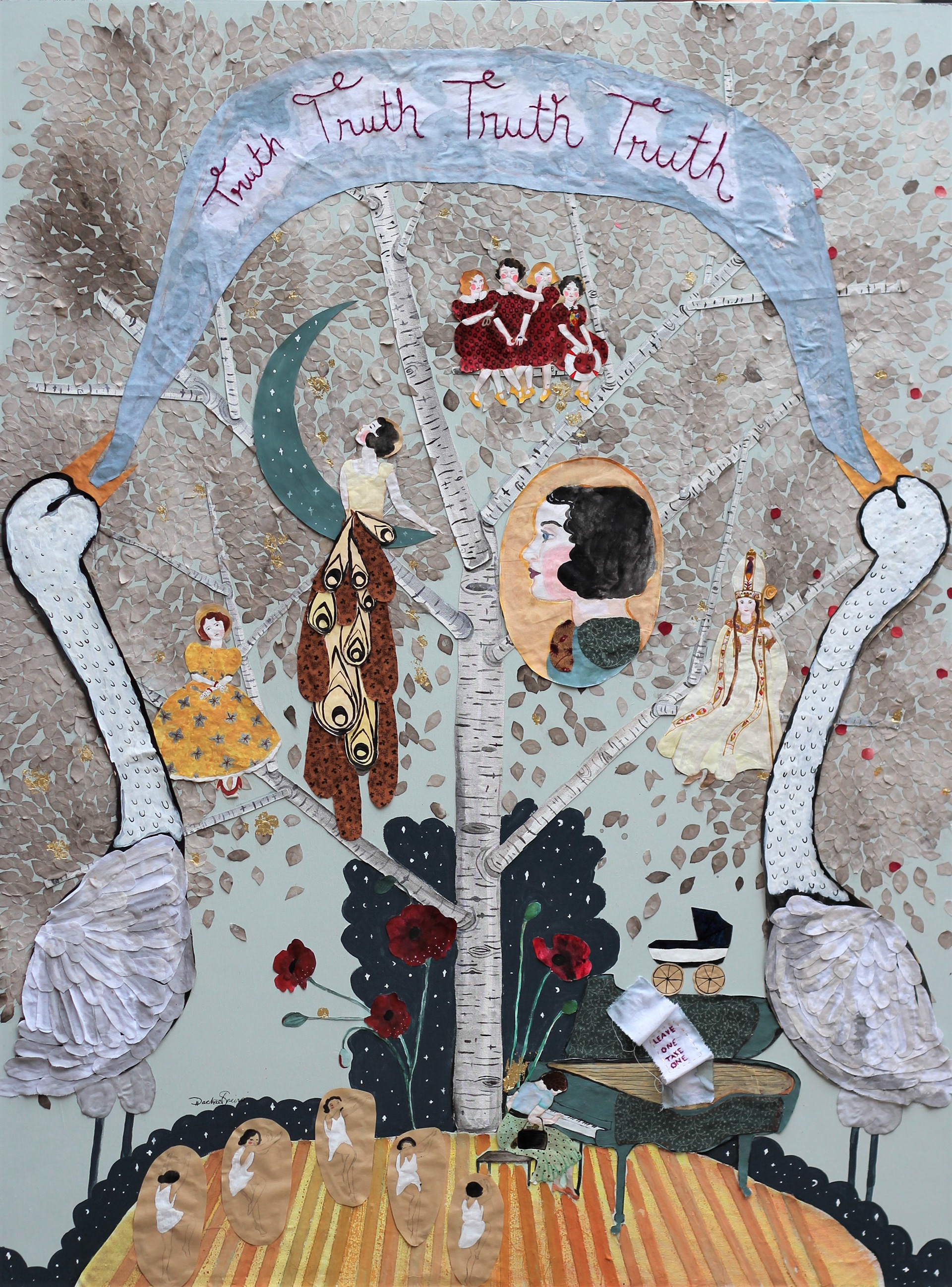 🔴Truth truth truth truth. 36x 48. Fabric, embroidery, paper, acrylic gouache and gold leaf on birch panel. 