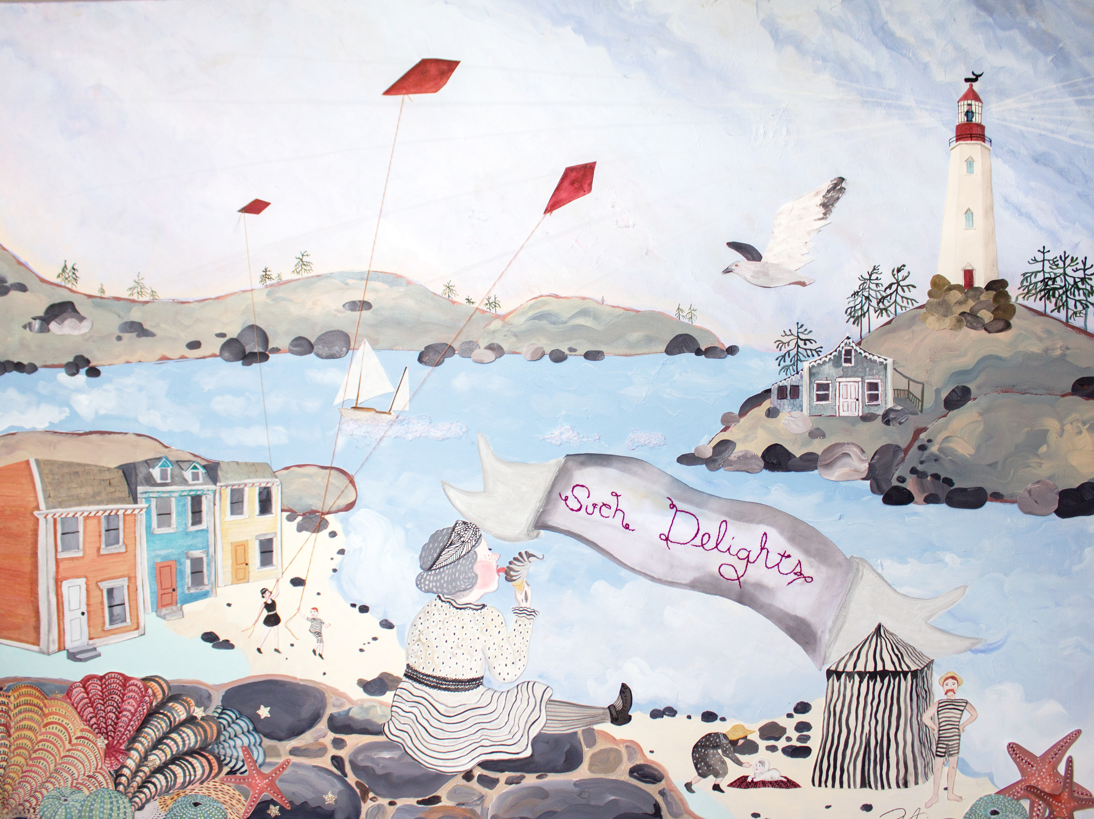 Such Delights. 2022. 36 x48. fabric, embroidery, paper and gouache on canvas.  $2,900 Framed behind glass.