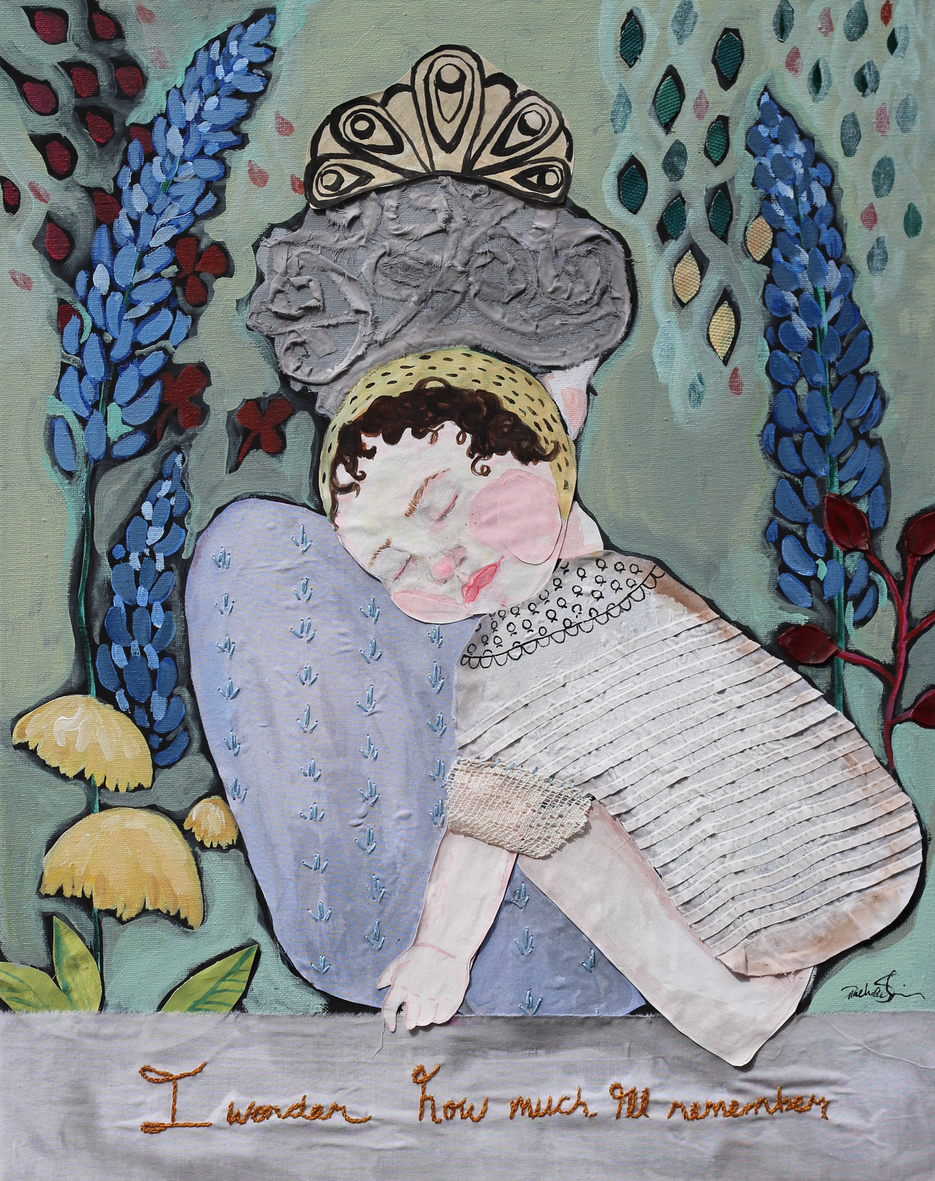 🔴I Wonder How Much. 16 x20. Fabric, embroidery and acrylic gouache on embroidered canvas. 2021. 