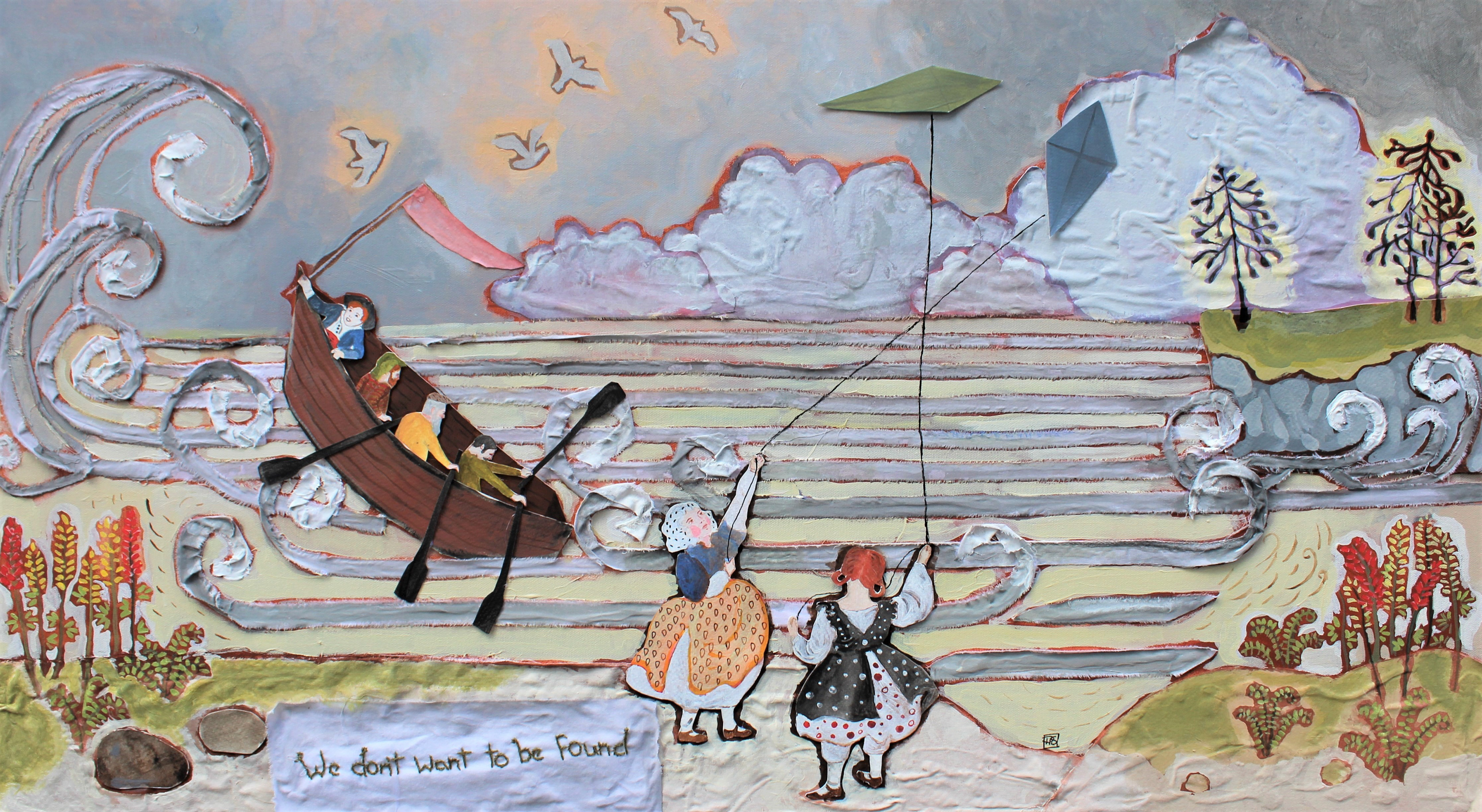 🔴We Dont Want To Be Found. 20x36. Fabric, embroidery, paper, gouache and acrylic on canvas. 