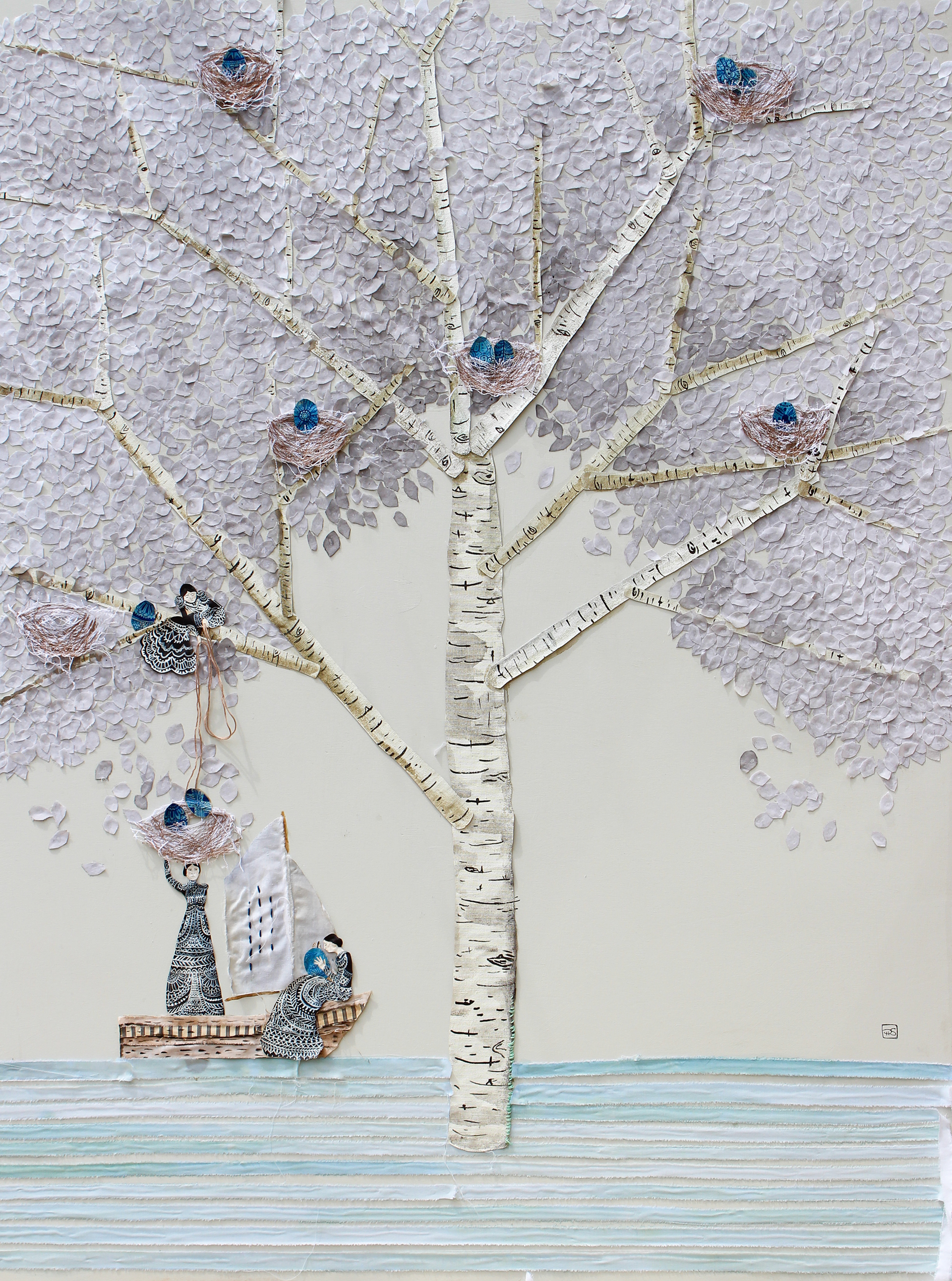 🔴Everything in its place, 2015.  36x 48. Gouache, fabric, embroidery and paper on birch panel. 