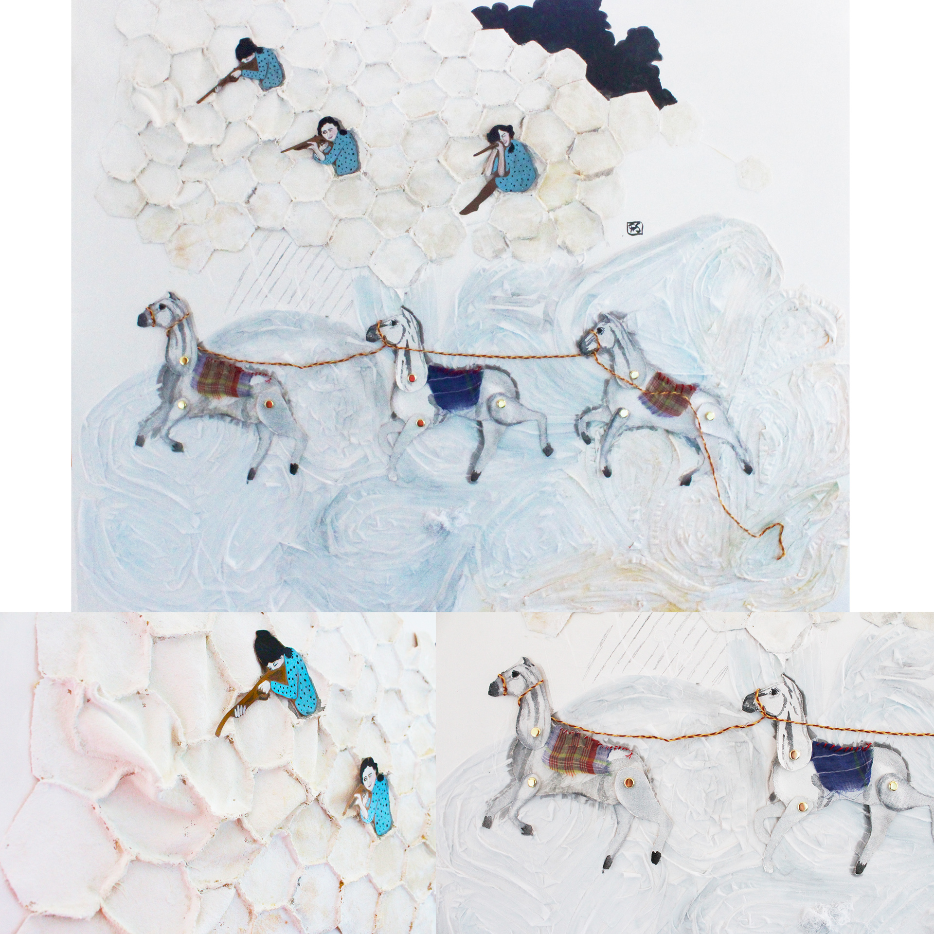 🔴Careful Now, They Bite. 30x30. (2012) Fabric, paper, ink, gouache, thread an thumbtack on birch panel. 