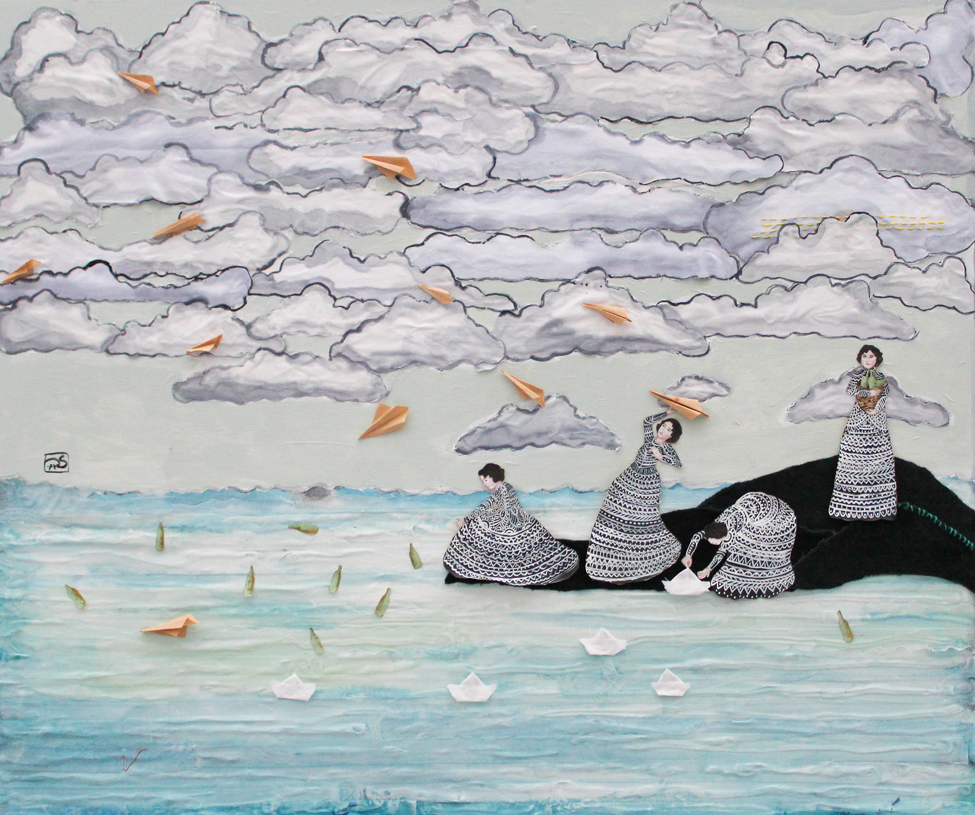 🔴Maybe someone will believe our story, 2017. 16x24. Fabric, paper, gouache and embroidery on birch panel. 