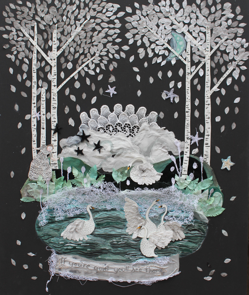 🔴If youre quiet youll see them. 2019. 25x30. Fabric, paper, embroidery and gouache on birch panel. 