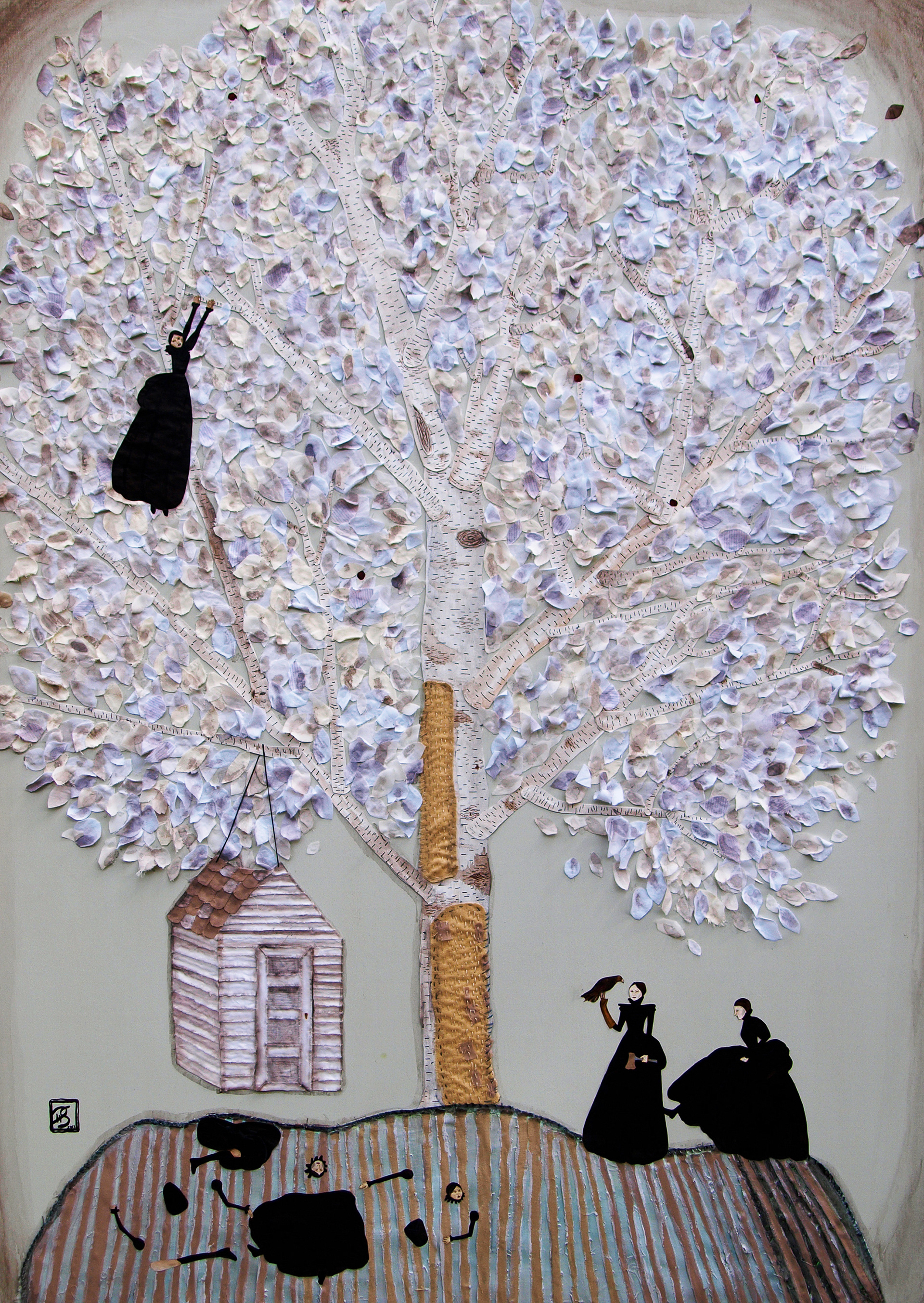 🔴The giving tree. 2011, 36x50. Fabric, paper, embroidery and gouache on birch panel. 