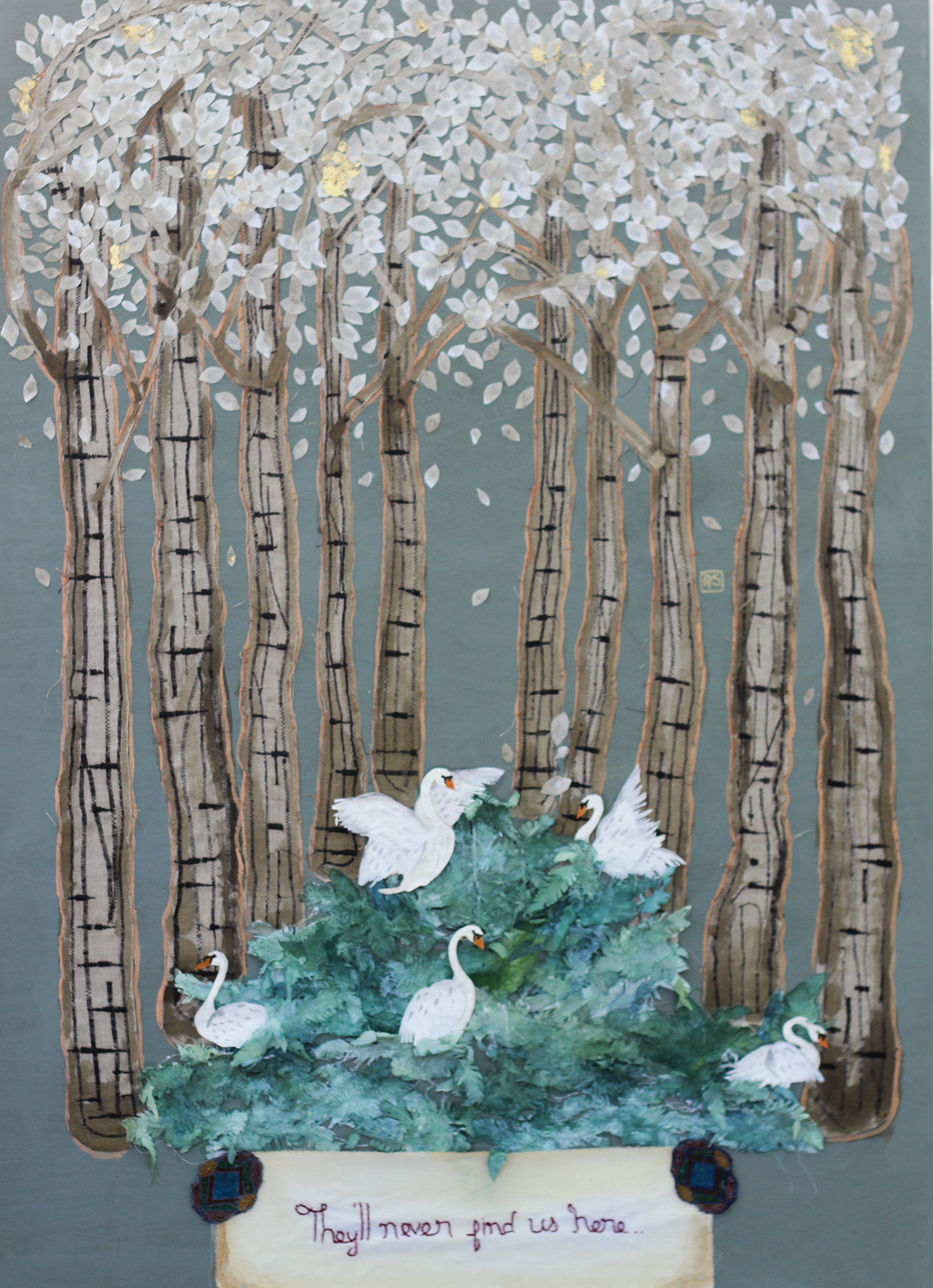 🔴Theyll never find us here, 2015.  36x48. Gouache, fabric, embroidery, paper and gold leaf on birch panel. 