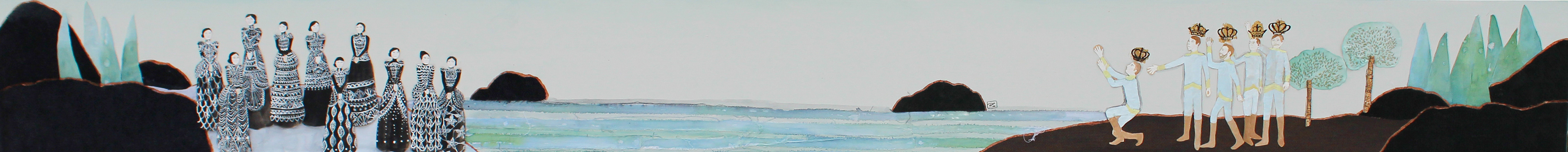 🔴Long distance love affair, 2015. 8 x 48.  Gouache, fabric, gold leaf, embroidery and paper on birch panel. 