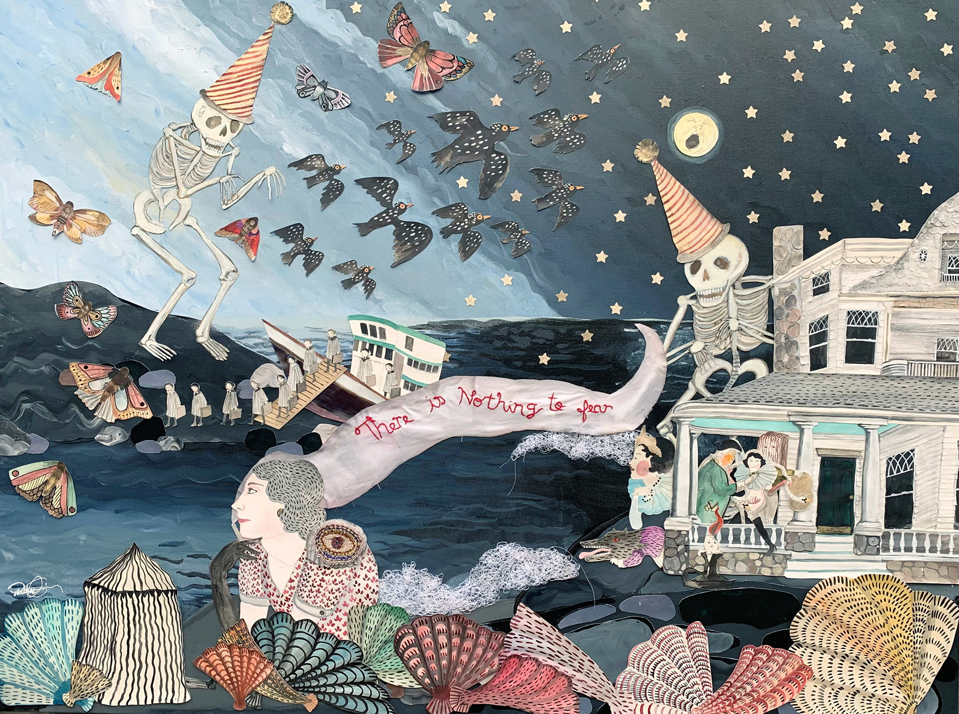 There Is Nothing To Fear. 2022. 36 x48. Fabric, embroidery, paper, watercolour, glass beads, acrylic, gouache on canvas. $2,900, framed behind glass