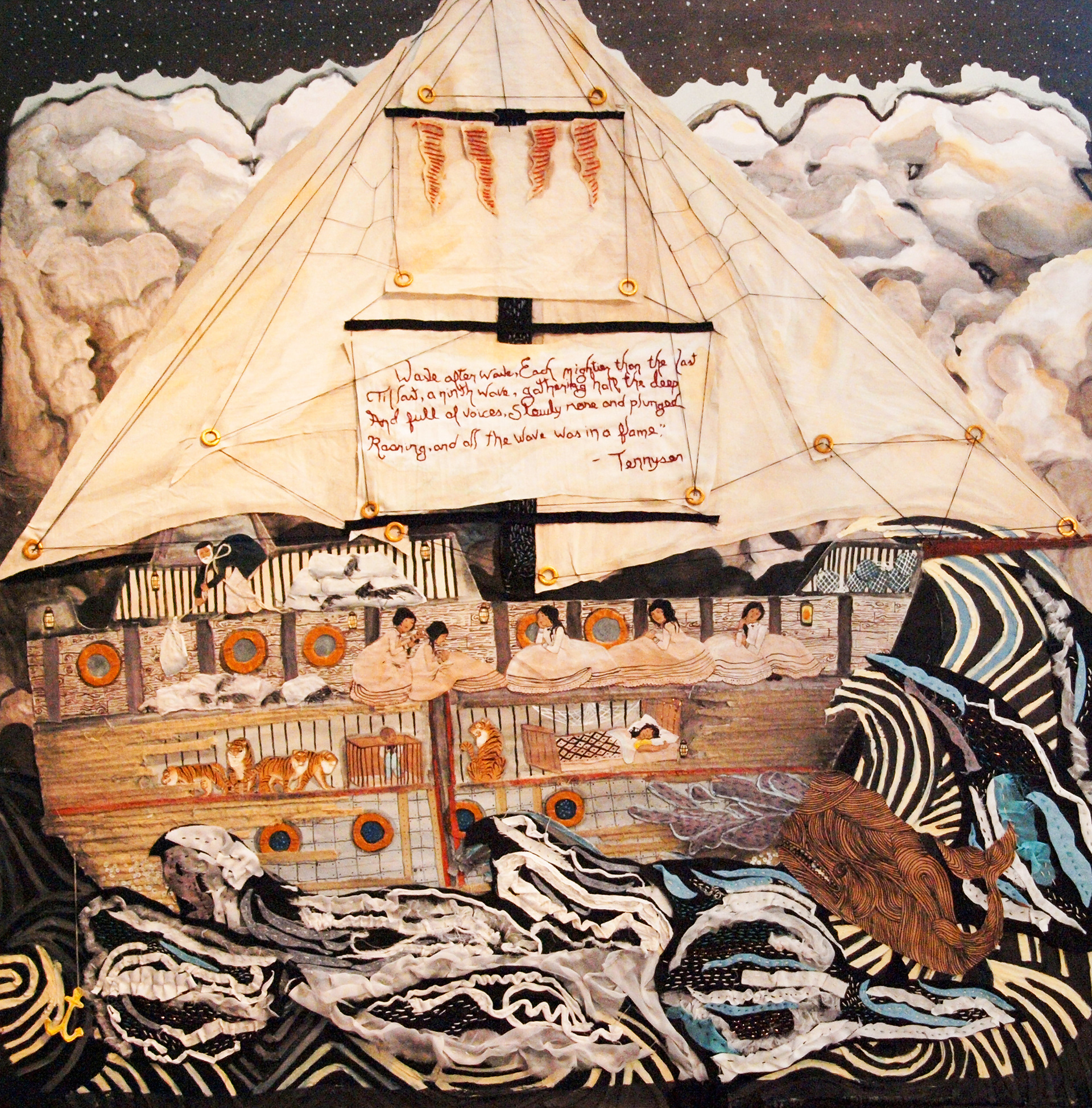 🔴The ninth wave. 2011, 48 x48 . Fabric, embroidery, paper, gouache and ink on birch panel.  