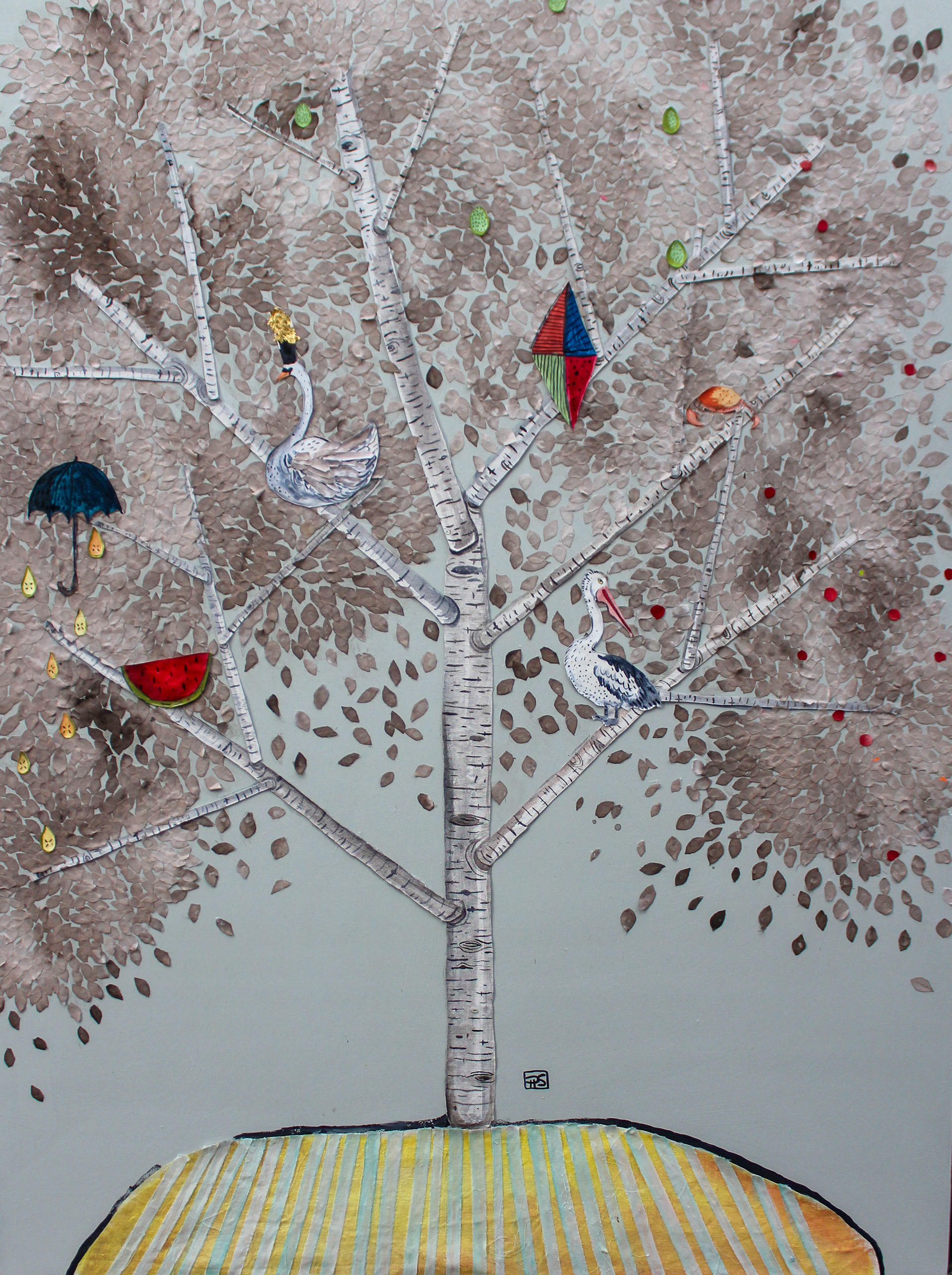 🔴A family tree.  2019. 36x48. Fabric, embroidery, paper, gold leaf and gouache on birch panel. 