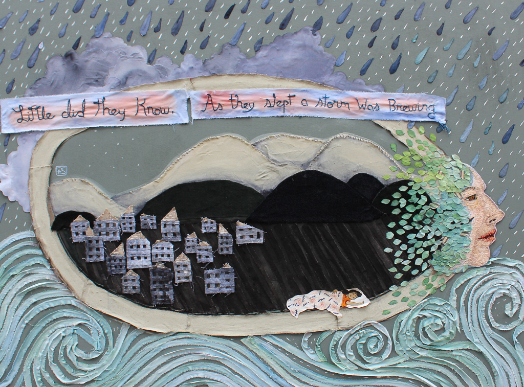 🔴Little Did They Know. 36x48. Fabric. embroidery, paper and gouache on birch panel. 