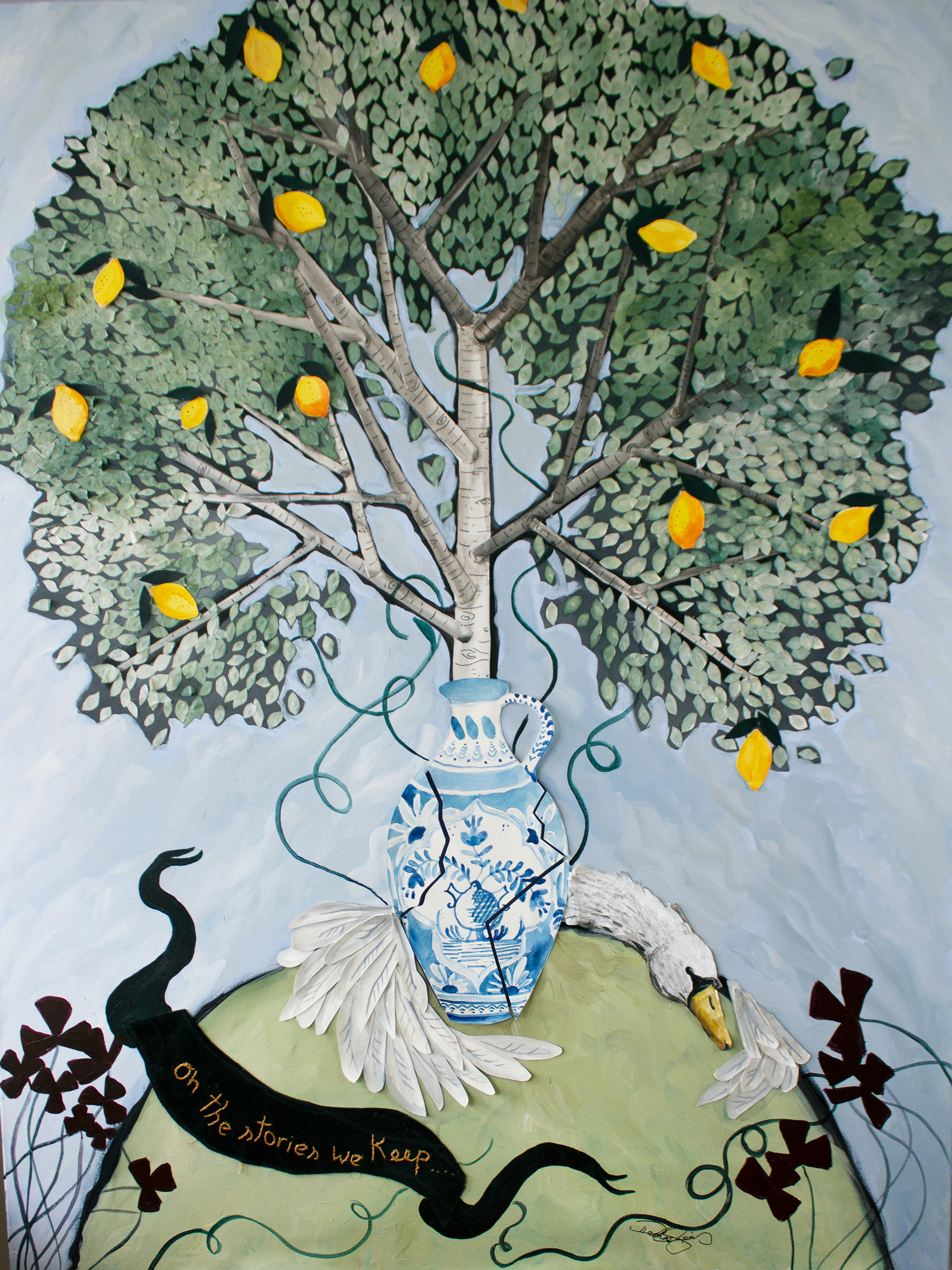 Oh The Stories We Keep. 36x48. Fabric, embroidery, paper, gouache and acrylic on canvas. $2,900. Framed behind glass. 