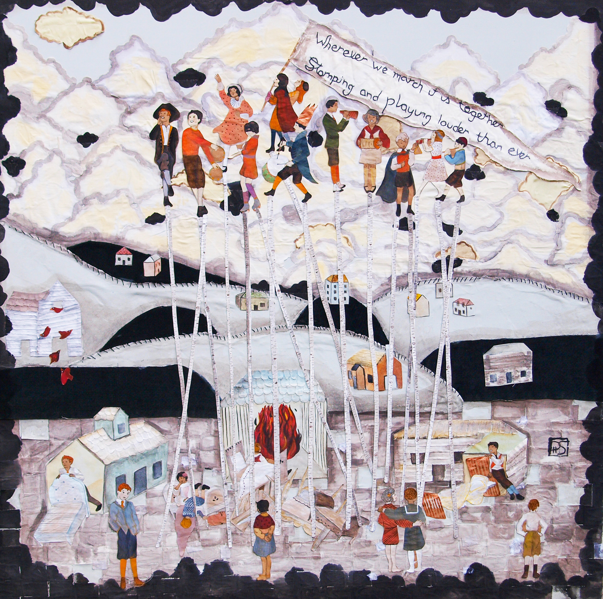 🔴The ghosts of childhood. 2011, 42x42. Fabric, embroidery, gouache and paper on birch panel. 