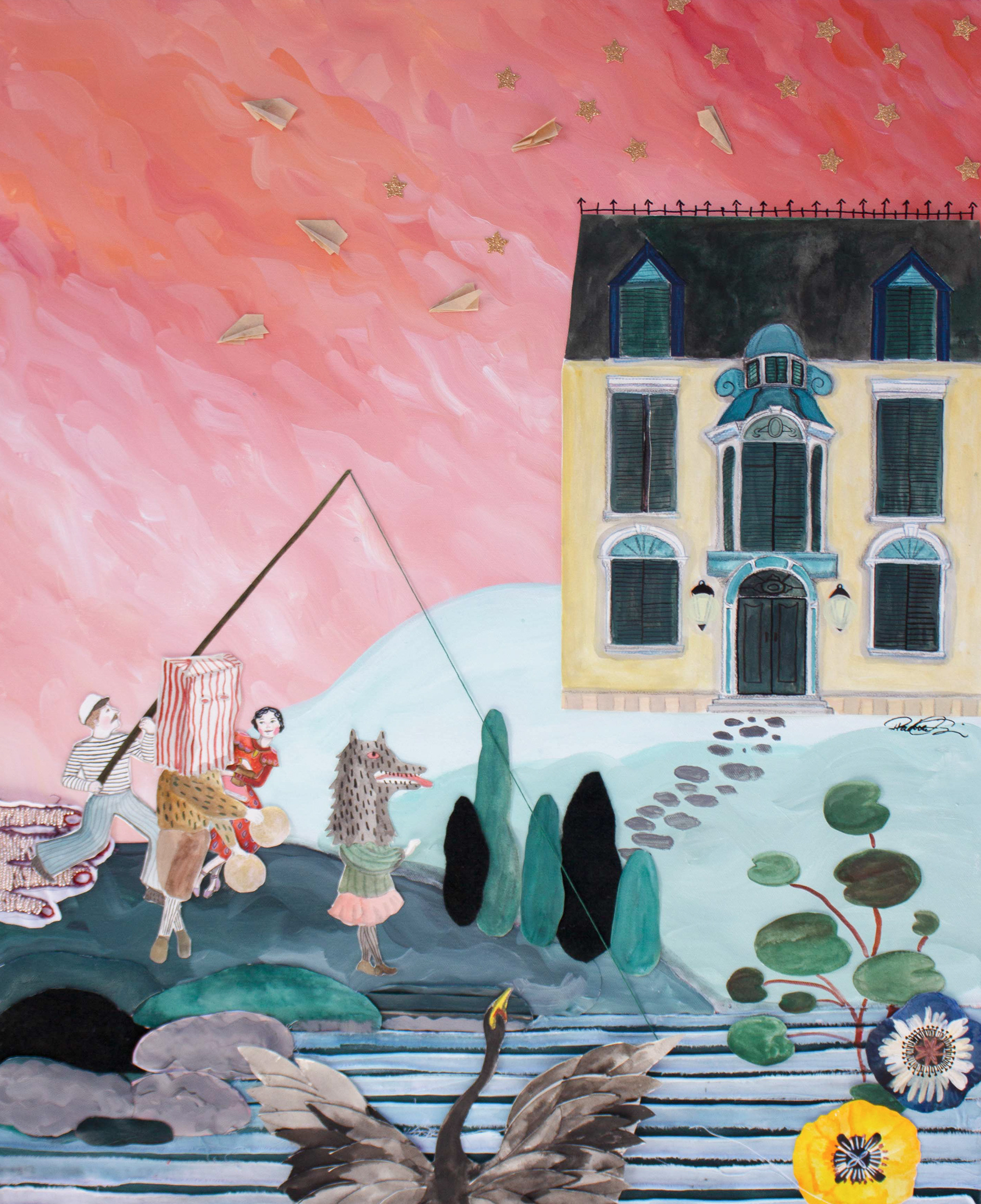 Thank You For Being Here, 2022. 30x35. Fabric, paper, thread, beadwork, acrylic, gouache, watercolour and ink on canvas. $2,600. Framed behind glass