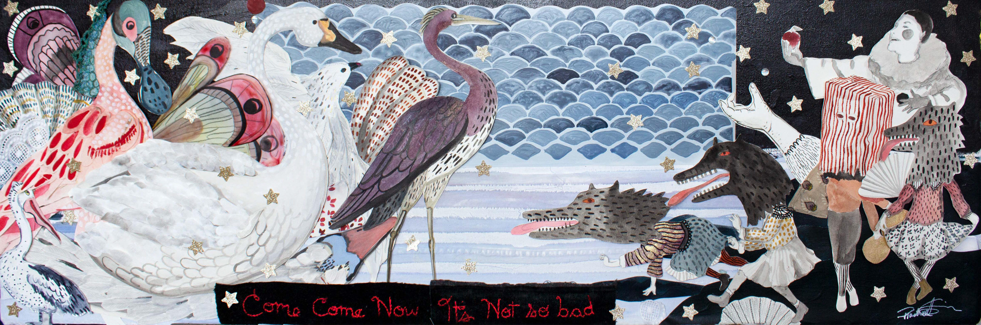 Come Now Its Not So Bad. 2022. 12x36. Fabric, embroidery, paper, watercolour, gouache, ink and glitter paper on canvas. $1,400. Framed behind glass.