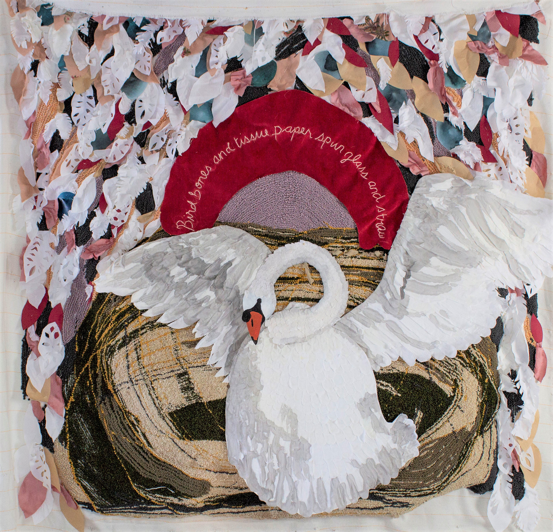 Bird Bones, Tufted Wall Hanging. 4ft by 4 ft. Tufted yarn, fabric, embroidery and paper on tufting cloth hung on a wooden dowel. This piece is an unframed tapestry wall hanging. $3,800