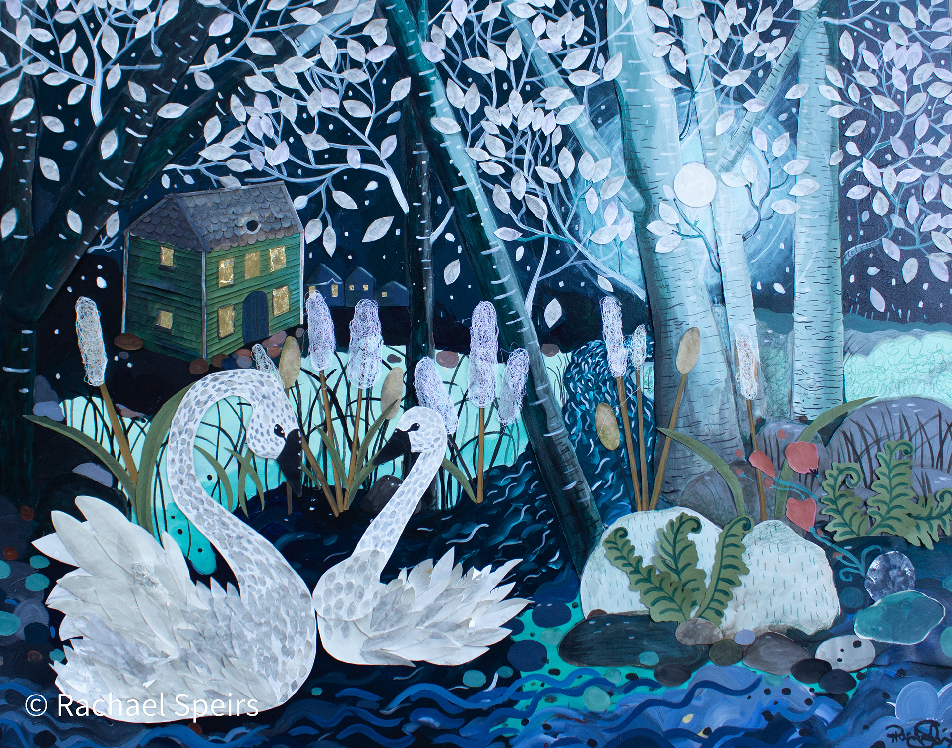 Gymnopedie, 48x60 inches. Fabric, embroidery, paper, gold leaf, gouache and acrylic on canvas. Framed in a poplar floater frame. Ready to hang. $3,800