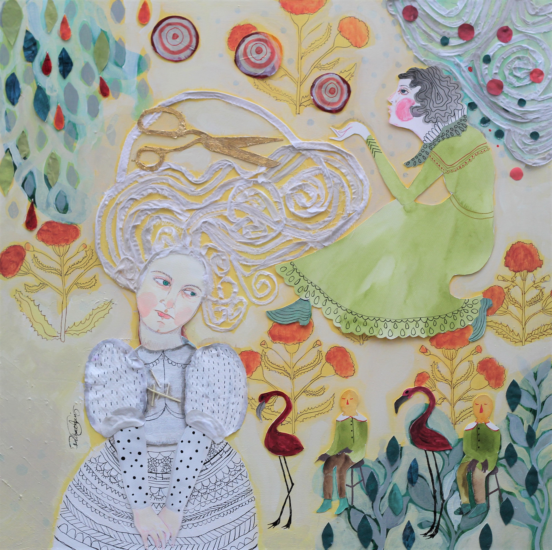 Cut It Myself. 30x30 (2021) Fabric, embroidery, paper, gold leaf and acrylic gouache on canvas. $1,850 